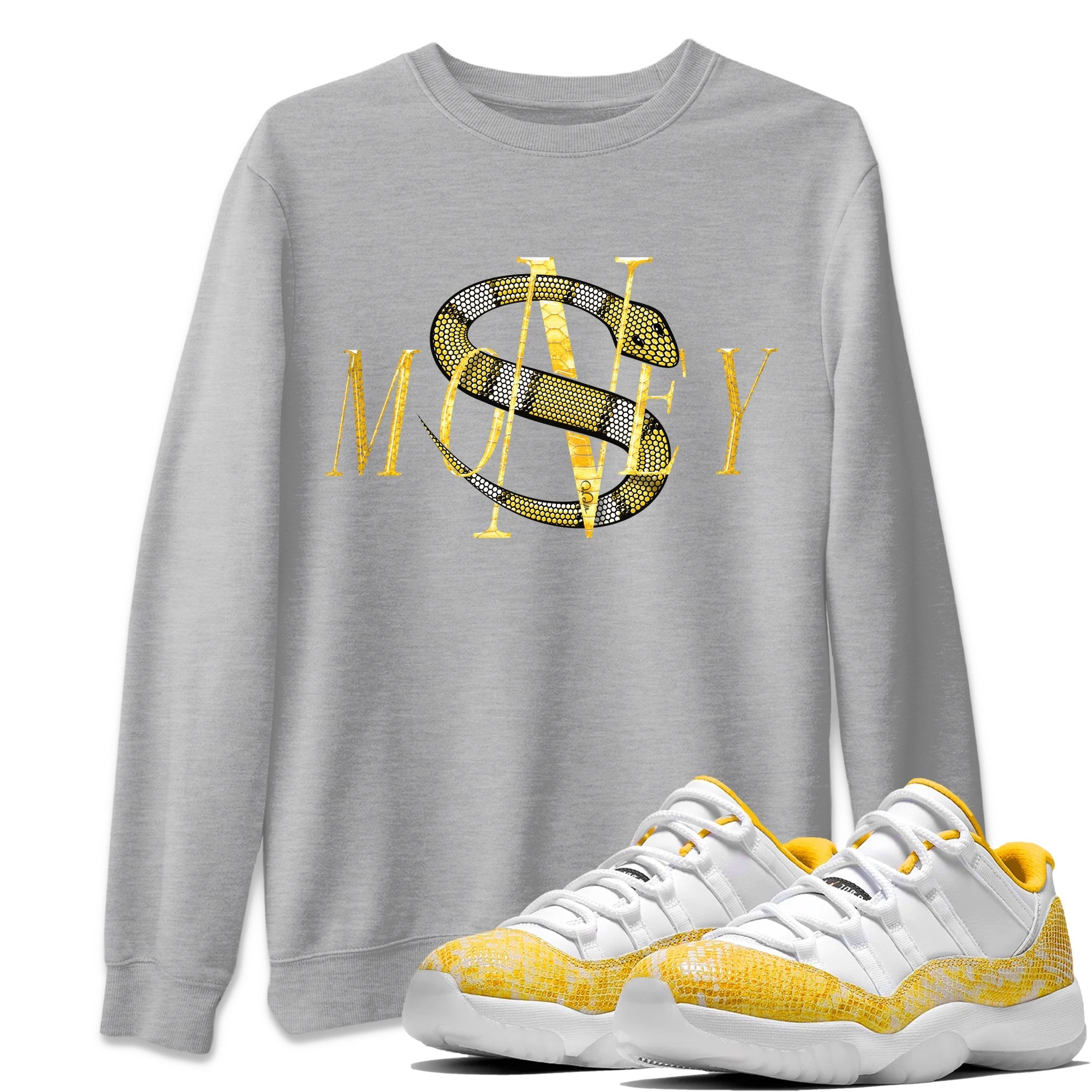 Air Jordan 11 Yellow Python Sneaker Match Tees Money Snake Streetwear Sneaker Shirt AJ11 Yellow Python Sneaker Release Tees Unisex Shirts Heather Grey 1