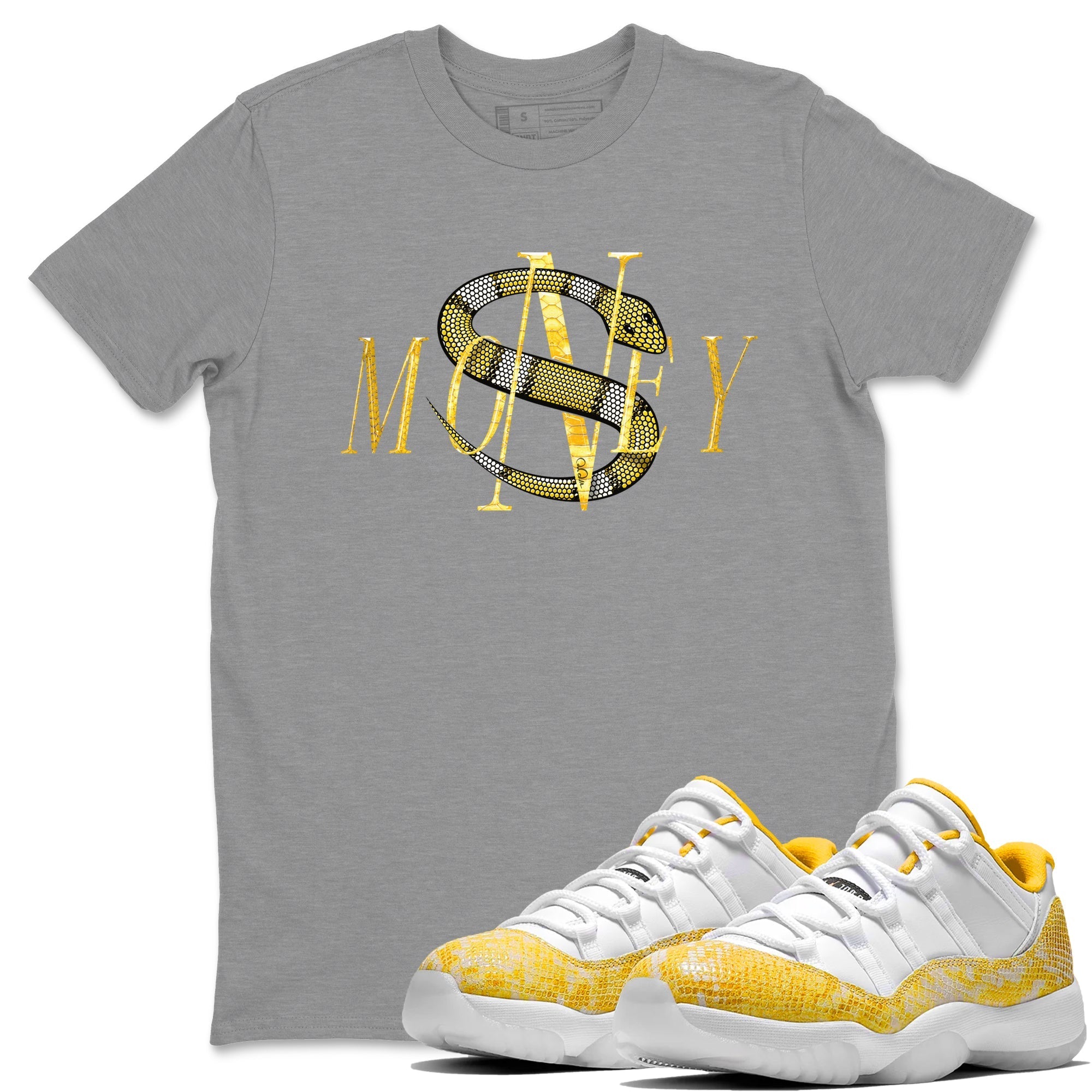 Air Jordan 11 Yellow Python Sneaker Match Tees Money Snake Streetwear Sneaker Shirt AJ11 Yellow Python Sneaker Release Tees Unisex Shirts Heather Grey 1