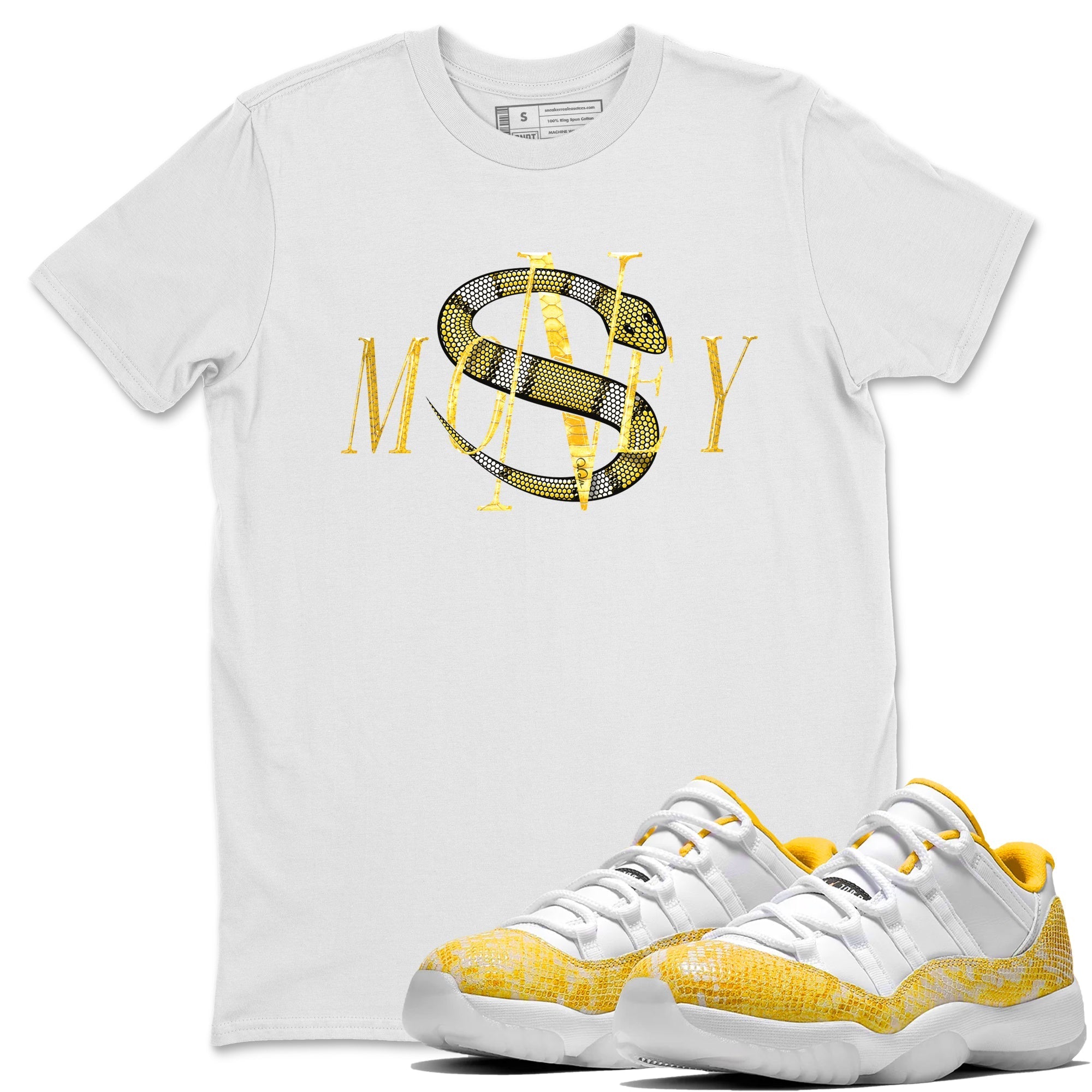 Air Jordan 11 Yellow Python Sneaker Match Tees Money Snake Streetwear Sneaker Shirt AJ11 Yellow Python Sneaker Release Tees Unisex Shirts White 1