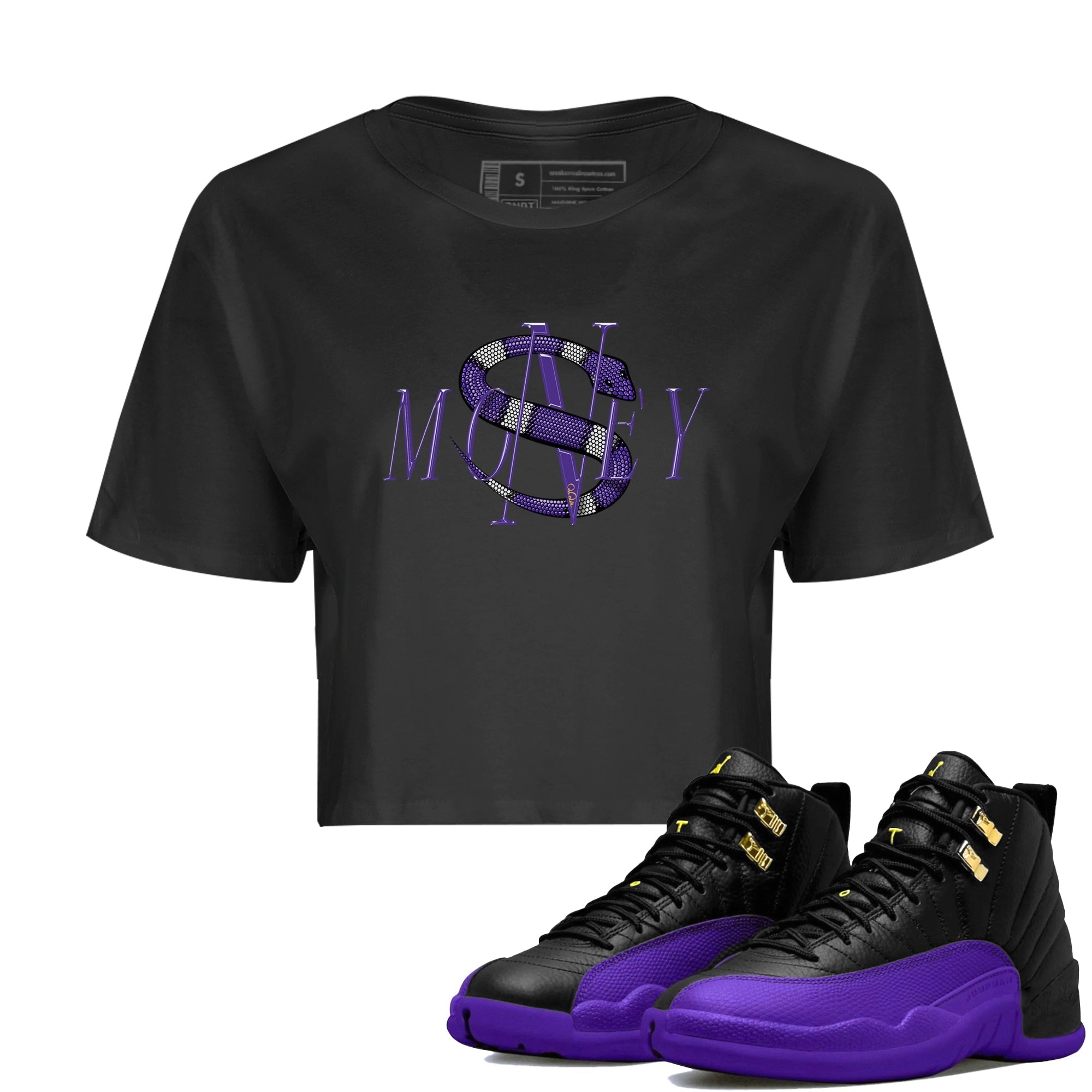 Air Jordan 12 Field Purple Sneaker Match Tees Money Snake Sneaker Tees AJ12 Field Purple Sneaker Release Tees Women's Shirts Black 1