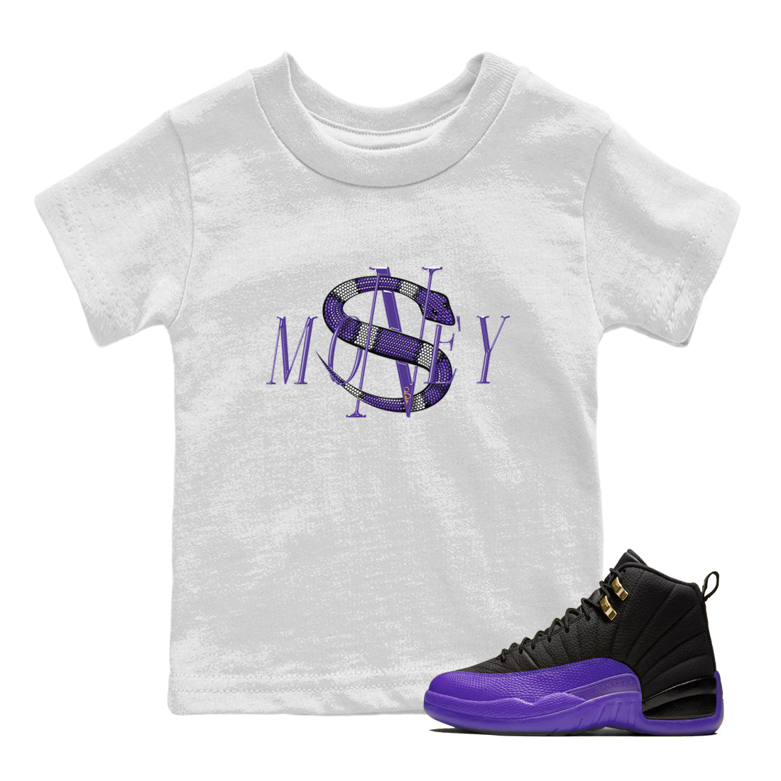 Air Jordan 12 Field Purple Sneaker Match Tees Money Snake Sneaker Tees AJ12 Field Purple Sneaker Release Tees Kids Shirts White 1