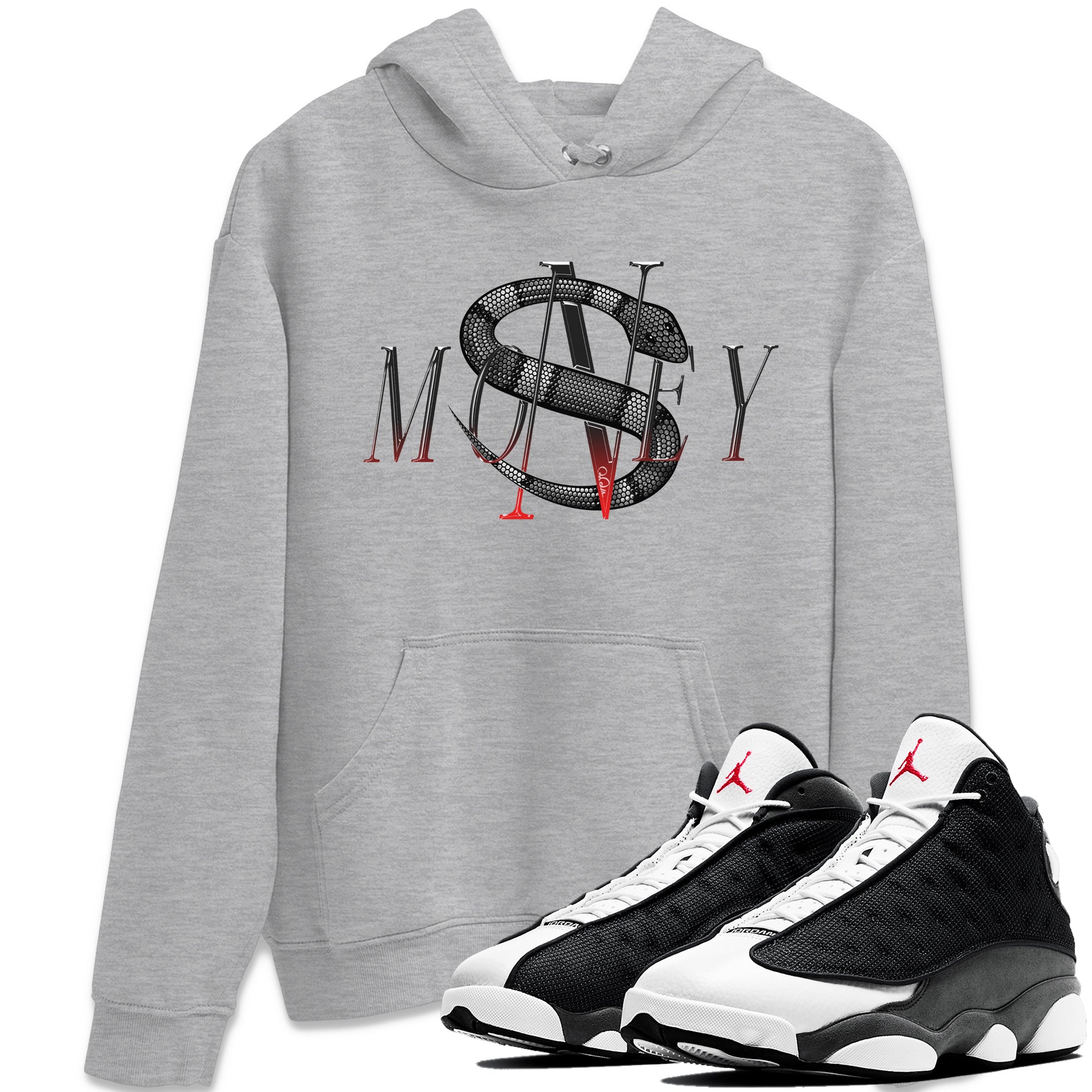 Air Jordan 13 Black Flint Sneaker Match Tees Money Snake Streetwear Sneaker Shirt AJ13 Retro Black Flint Sneaker Release Tees Unisex Shirts Heather Grey 1