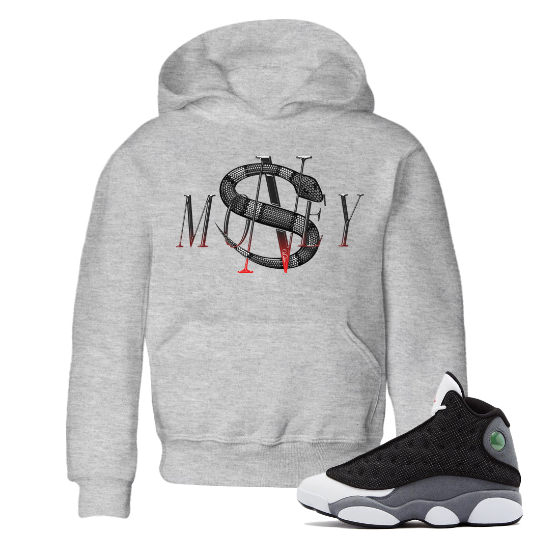 Air Jordan 13 Black Flint Sneaker Match Tees Money Snake Streetwear Sneaker Shirt AJ13 Retro Black Flint Sneaker Release Tees Kids Shirts Heather Grey 1