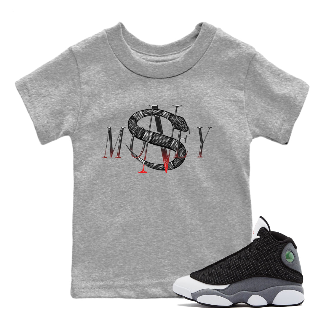 Air Jordan 13 Black Flint Sneaker Match Tees Money Snake Streetwear Sneaker Shirt AJ13 Retro Black Flint Sneaker Release Tees Kids Shirts Heather Grey 1