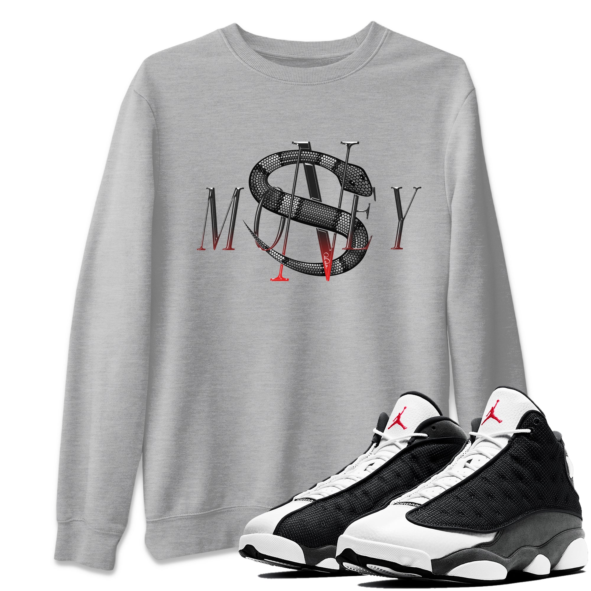 Air Jordan 13 Black Flint Sneaker Match Tees Money Snake Streetwear Sneaker Shirt AJ13 Retro Black Flint Sneaker Release Tees Unisex Shirts Heather Grey 1