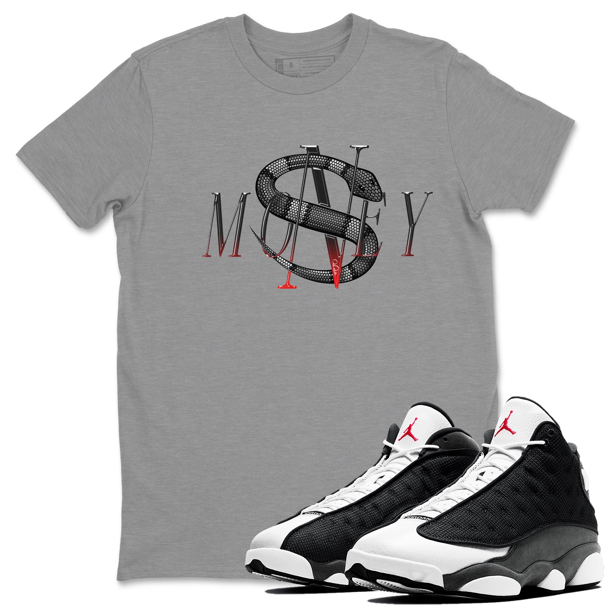 Air Jordan 13 Black Flint Sneaker Match Tees Money Snake Streetwear Sneaker Shirt AJ13 Retro Black Flint Sneaker Release Tees Unisex Shirts Heather Grey 1