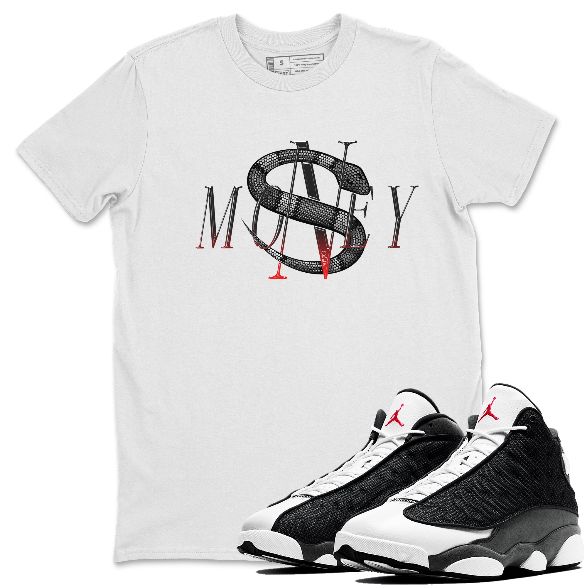Air Jordan 13 Black Flint Sneaker Match Tees Money Snake Streetwear Sneaker Shirt AJ13 Retro Black Flint Sneaker Release Tees Unisex Shirts White 1