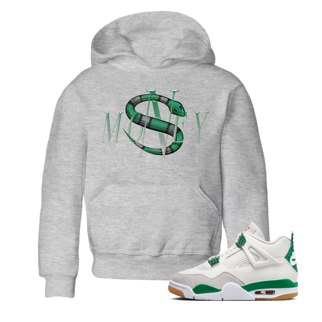 Air Jordan 4 Pine Green Sneaker Match Tees Money Snake Streetwear Sneaker Shirt AJ4 Pine Green Sneaker Release Tees Kids Shirts Heather Grey 1