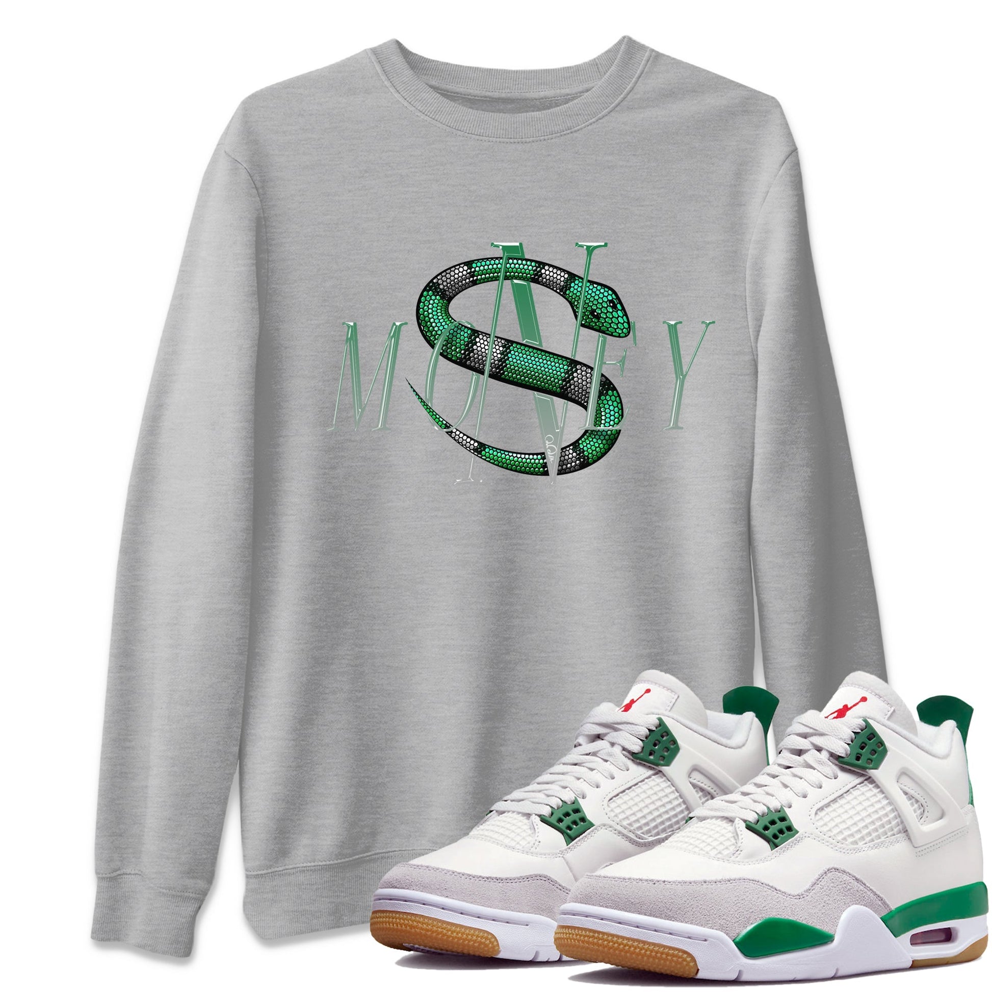 Air Jordan 4 Pine Green Sneaker Match Tees Money Snake Streetwear Sneaker Shirt AJ4 Pine Green Sneaker Release Tees Unisex Shirts Heather Grey 1