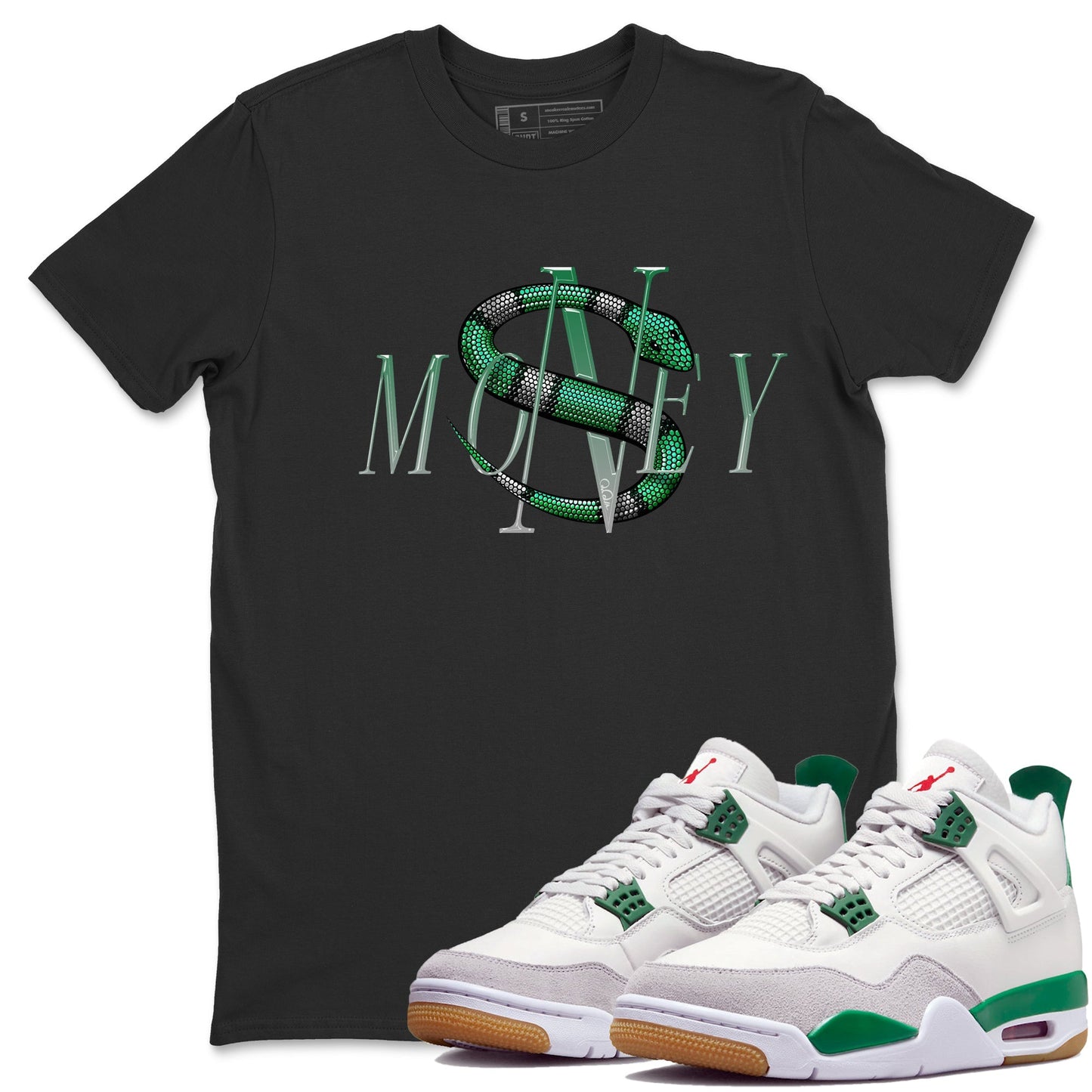 Air Jordan 4 Pine Green Sneaker Match Tees Money Snake Streetwear Sneaker Shirt AJ4 Pine Green Sneaker Release Tees Unisex Shirts Black 1