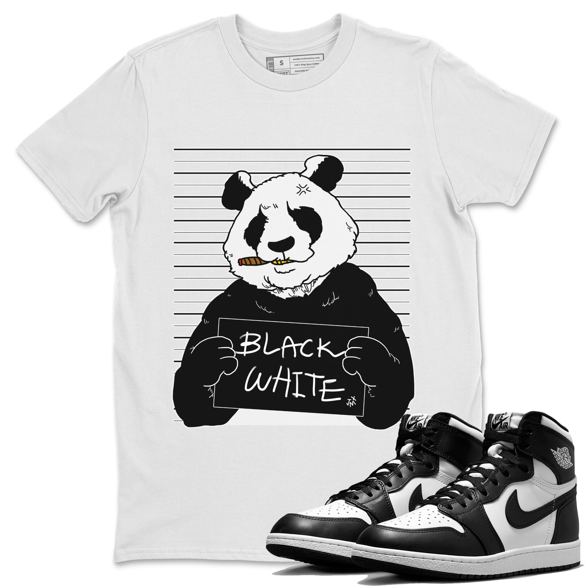 Jordan 1 Black White Sneaker Matching T-Shirt Mugshot Sneaker Tees Jordan 1 Black White Sneaker Release Tees Crew Neck Tees