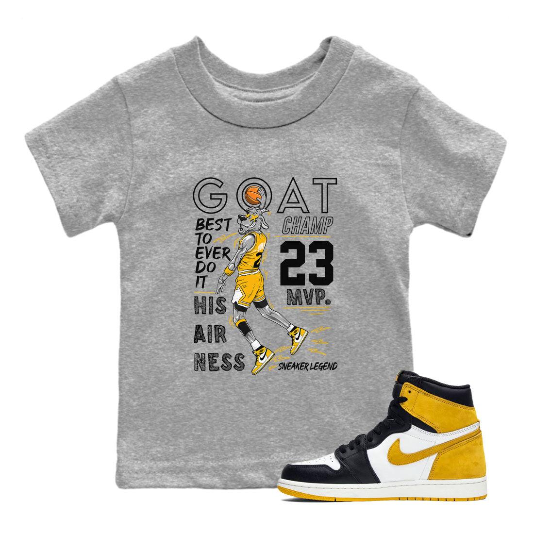 AJ1 Yellow Ochre shirt to match jordans MVP Goat sneaker tees streetwear brand Air Jordan 1 Yellow Ochre Drip Gear Zone Brand baby toddler Heather Grey 1 cotton Shirt