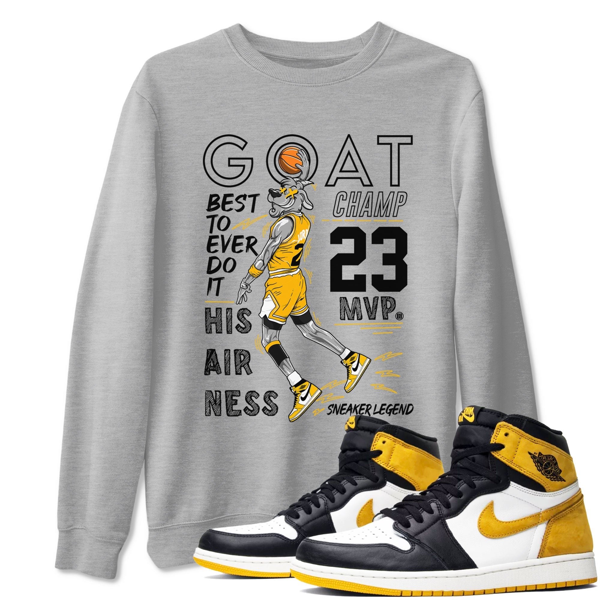 AJ1 Yellow Ochre shirt to match jordans MVP Goat sneaker tees streetwear brand Air Jordan 1 Yellow Ochre Drip Gear Zone Brand unisex cotton Heather Grey 1 crew neck shirt