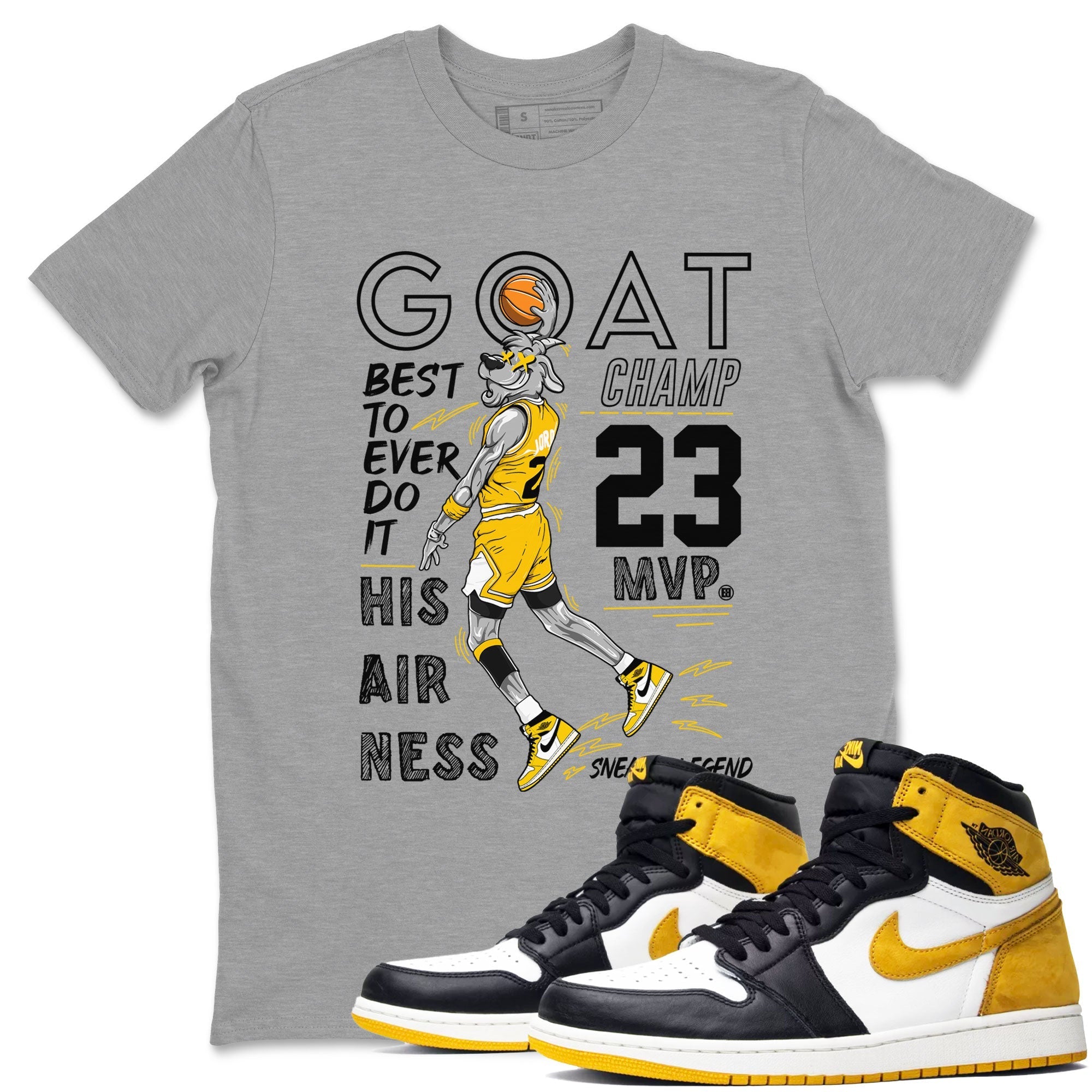 AJ1 Yellow Ochre shirt to match jordans MVP Goat sneaker tees streetwear brand Air Jordan 1 Yellow Ochre Drip Gear Zone Brand unisex cotton Heather Grey 1 crew neck shirt