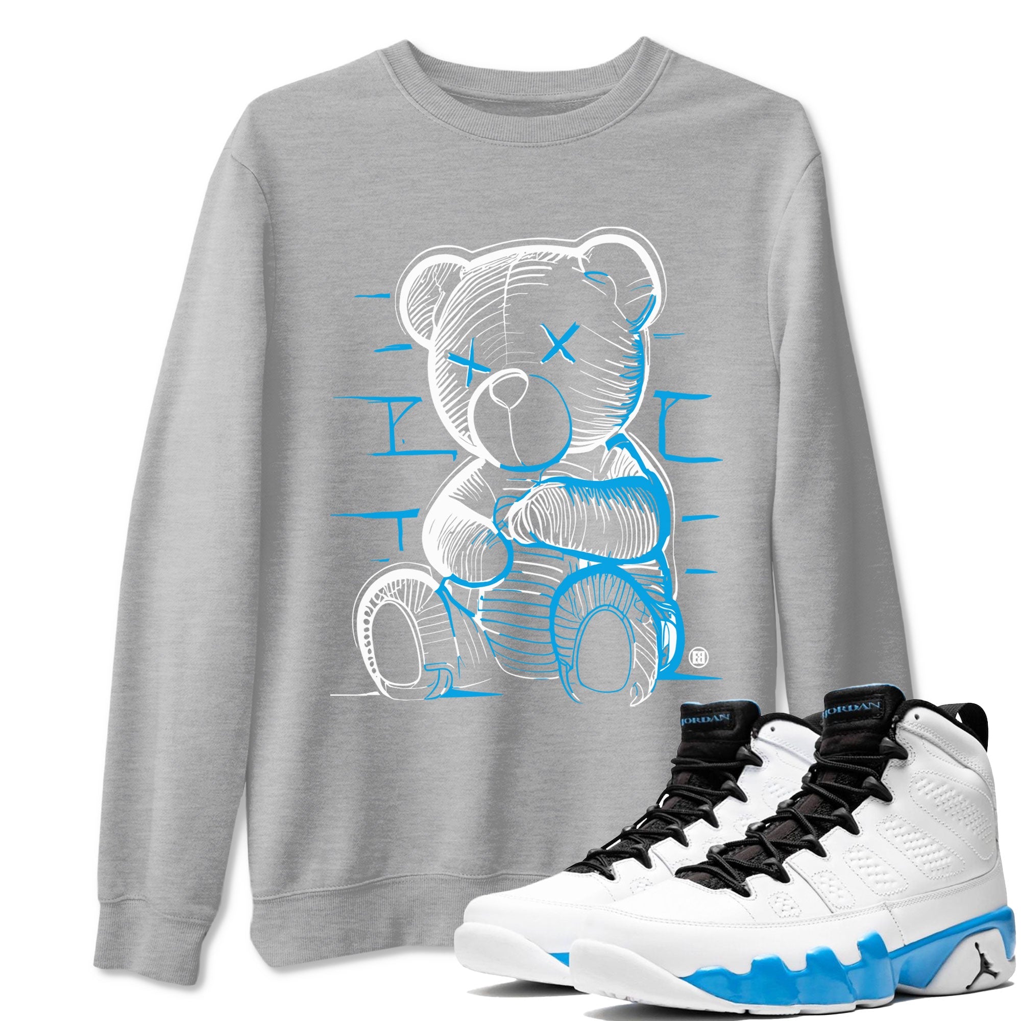 AJ9 Powder Blue shirt to match jordans Neon Bear sneaker tees Air Jordan 9 Powder Blue Drip Gear Zone unisex cotton Heather Grey 1 crew neck shirt