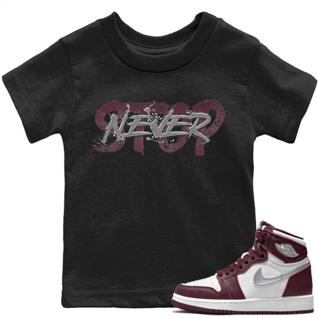 Jordan 1 Bordeaux Sneaker Matching T-Shirt Never Stop Sneaker Tees Jordan 1 Bordeaux Sneaker Release Tees Kids Shirts
