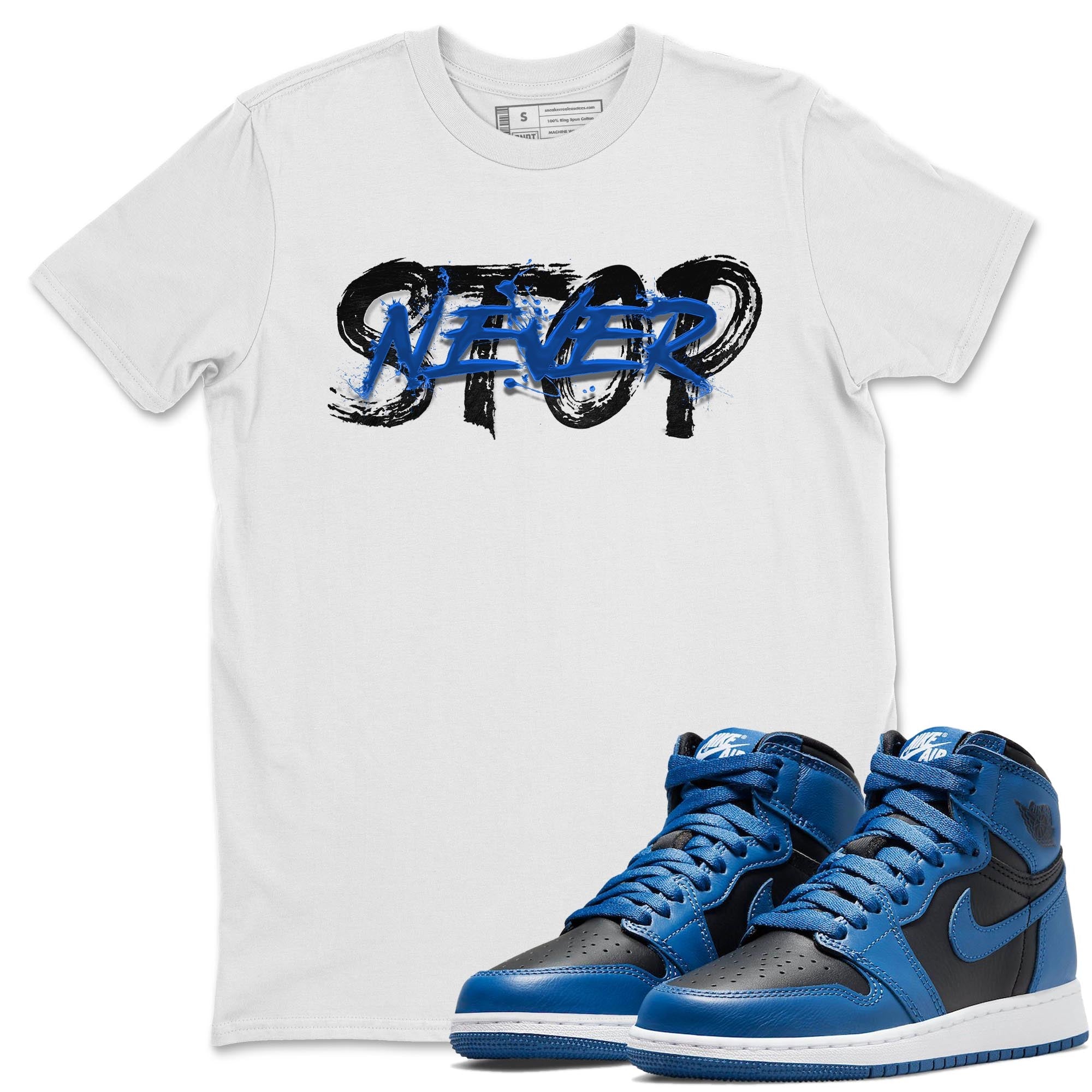 Jordan 1 Dark Marina Blue Sneaker Matching T-Shirt Never Stop Sneaker Tees Jordan 1 Dark Marina Blue Sneaker Release Tees Crew Neck Tees