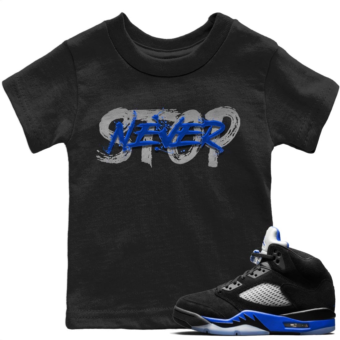 Jordan 5 Racer Blue Sneaker Matching T-Shirt Never Stop Sneaker Tees Jordan 5 Racer Blue Sneaker Release Tees Kids Shirts