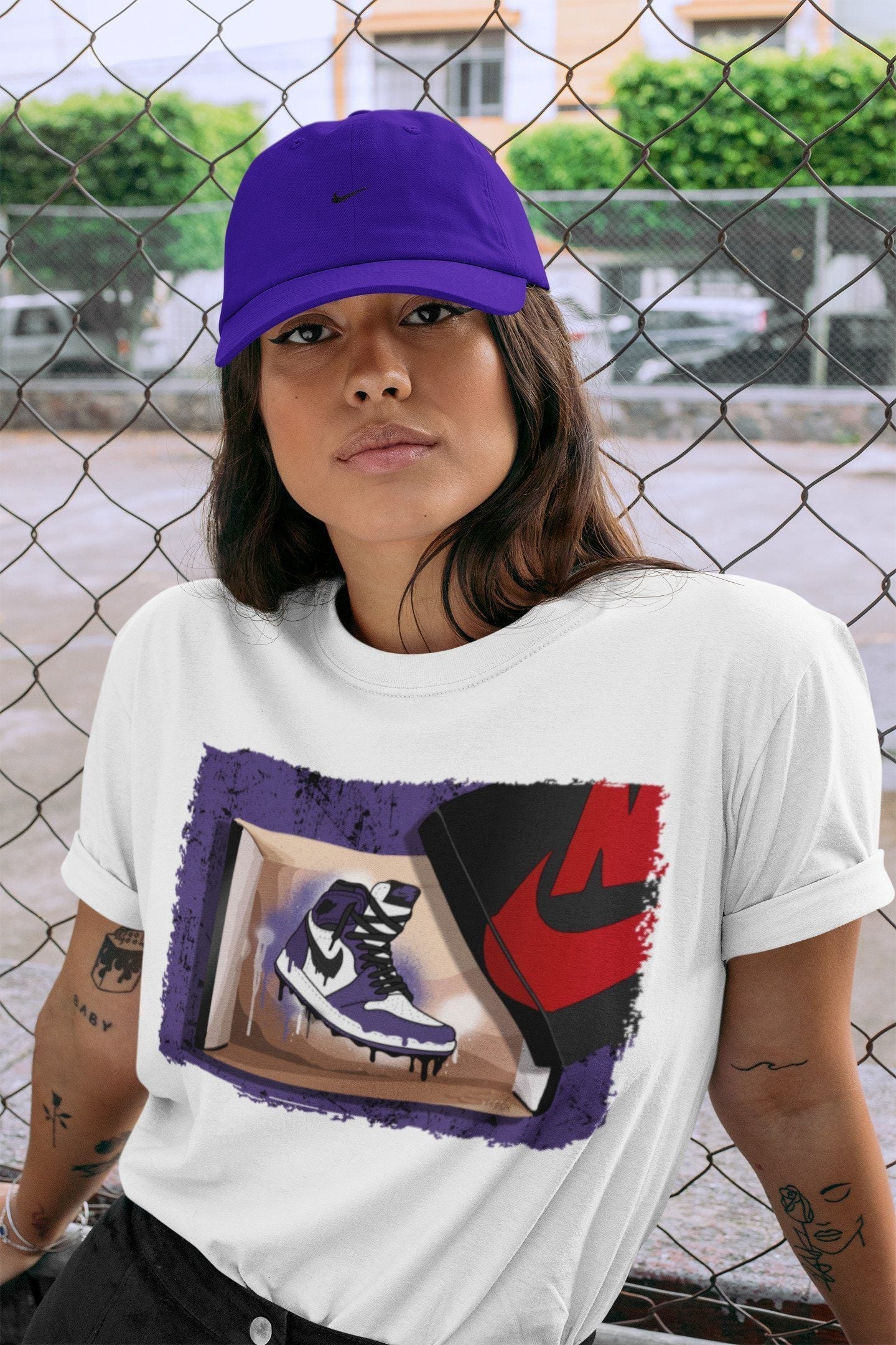 Jordan 1 Court Purple Sneaker Matching T-Shirt New Kicks Sneaker Tees Jordan 1 Court Purple Sneaker Release Tees Crew Neck Tees
