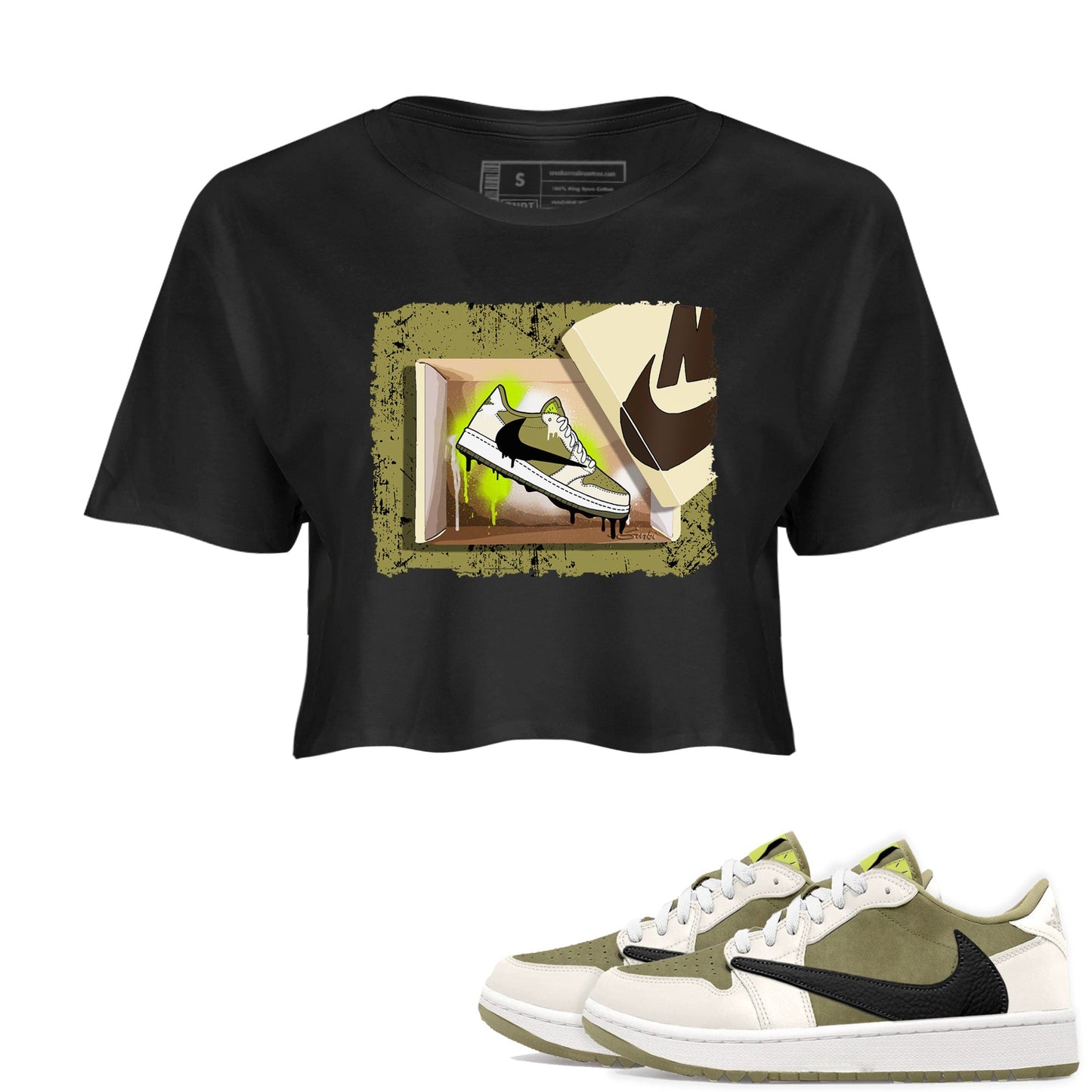 Air Jordan 1 X Travis Scott Golf Olive shirt to match jordans New Kicks Streetwear Sneaker Shirt Air Jordan 1 Travis Scott Golf Drip Gear Zone Sneaker Matching Clothing Black 1 Crop T-Shirt