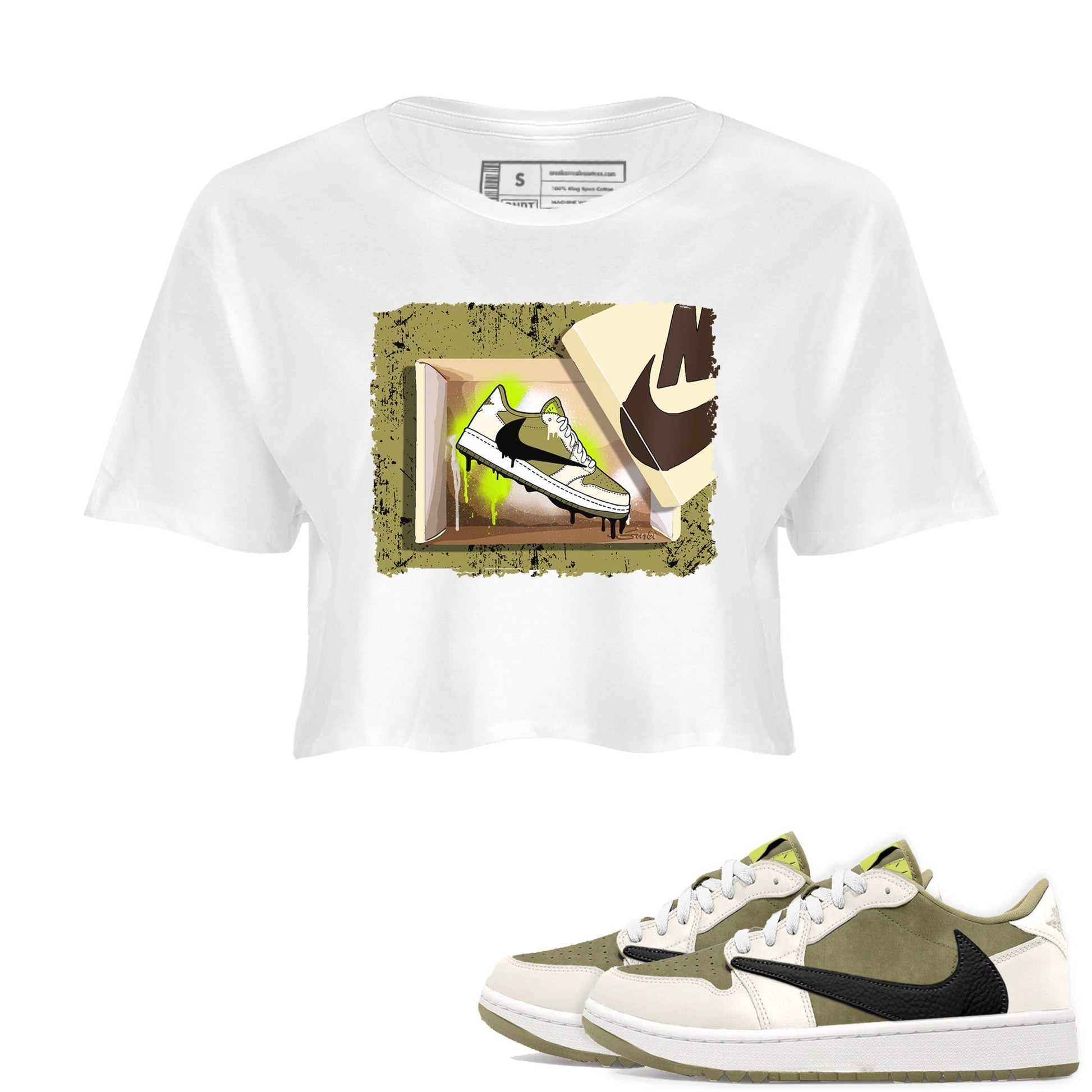 Air Jordan 1 X Travis Scott Golf Olive shirt to match jordans New Kicks Streetwear Sneaker Shirt Air Jordan 1 Travis Scott Golf Drip Gear Zone Sneaker Matching Clothing White 1 Crop T-Shirt