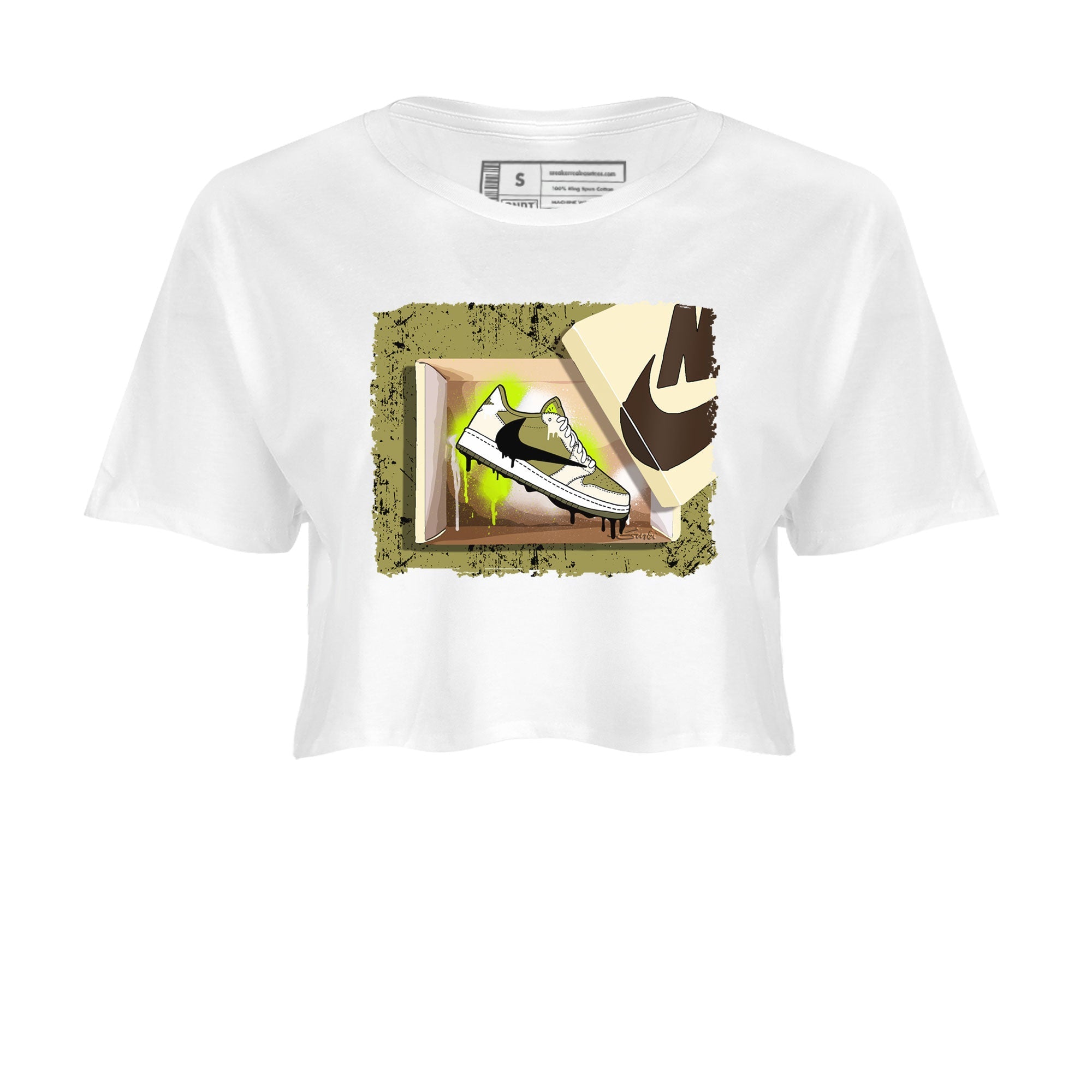Air Jordan 1 X Travis Scott Golf Olive shirt to match jordans New Kicks Streetwear Sneaker Shirt Air Jordan 1 Travis Scott Golf Drip Gear Zone Sneaker Matching Clothing White 2 Crop T-Shirt