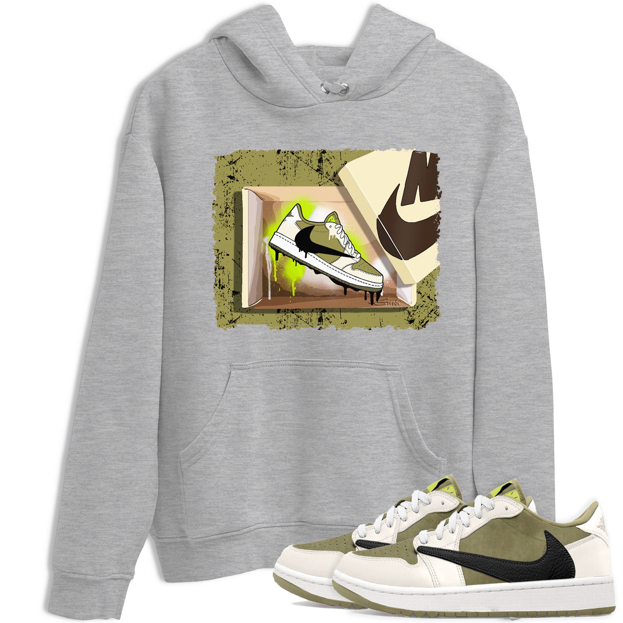 Air Jordan 1 X Travis Scott Golf Olive shirt to match jordans New Kicks Streetwear Sneaker Shirt Air Jordan 1 Travis Scott Golf Drip Gear Zone Sneaker Matching Clothing Unisex Heather Grey 1 T-Shirt