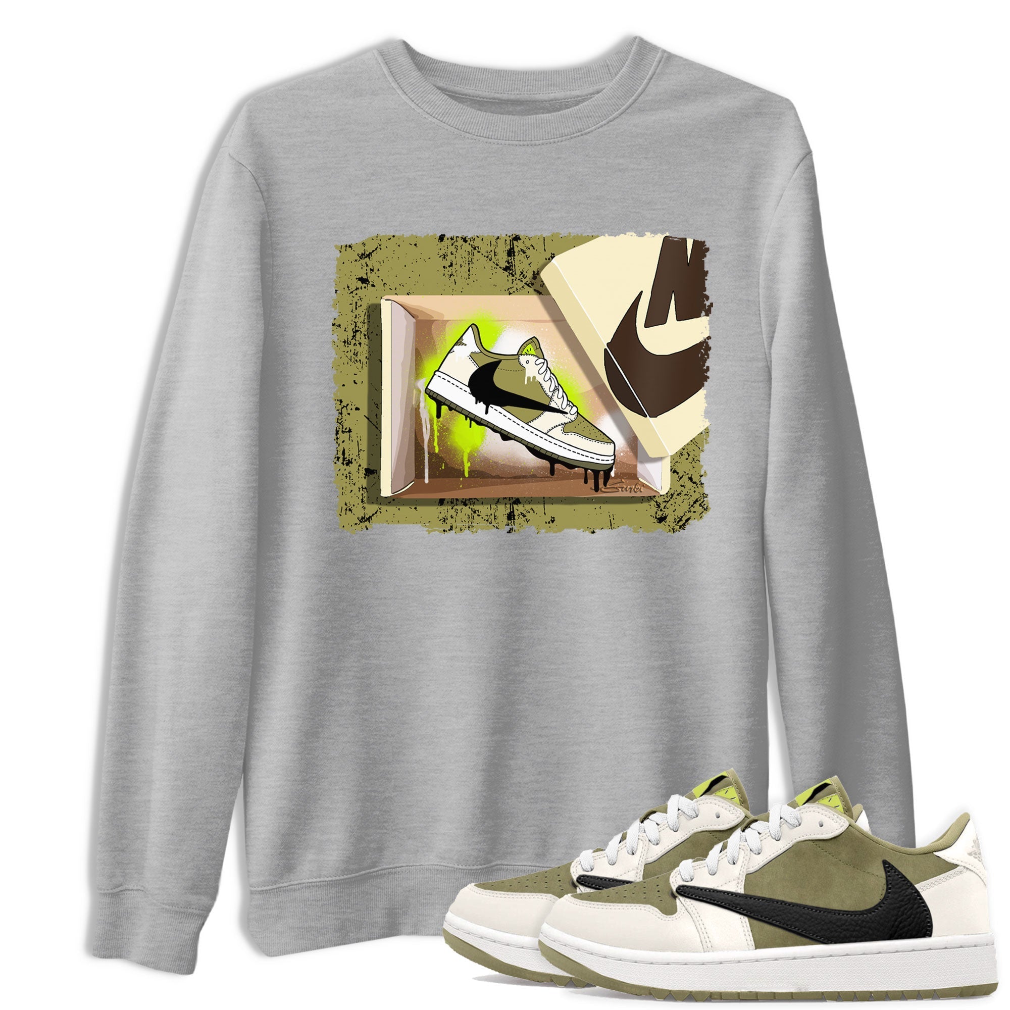 Air Jordan 1 X Travis Scott Golf Olive shirt to match jordans New Kicks Streetwear Sneaker Shirt Air Jordan 1 Travis Scott Golf Drip Gear Zone Sneaker Matching Clothing Unisex Heather Grey 1 T-Shirt