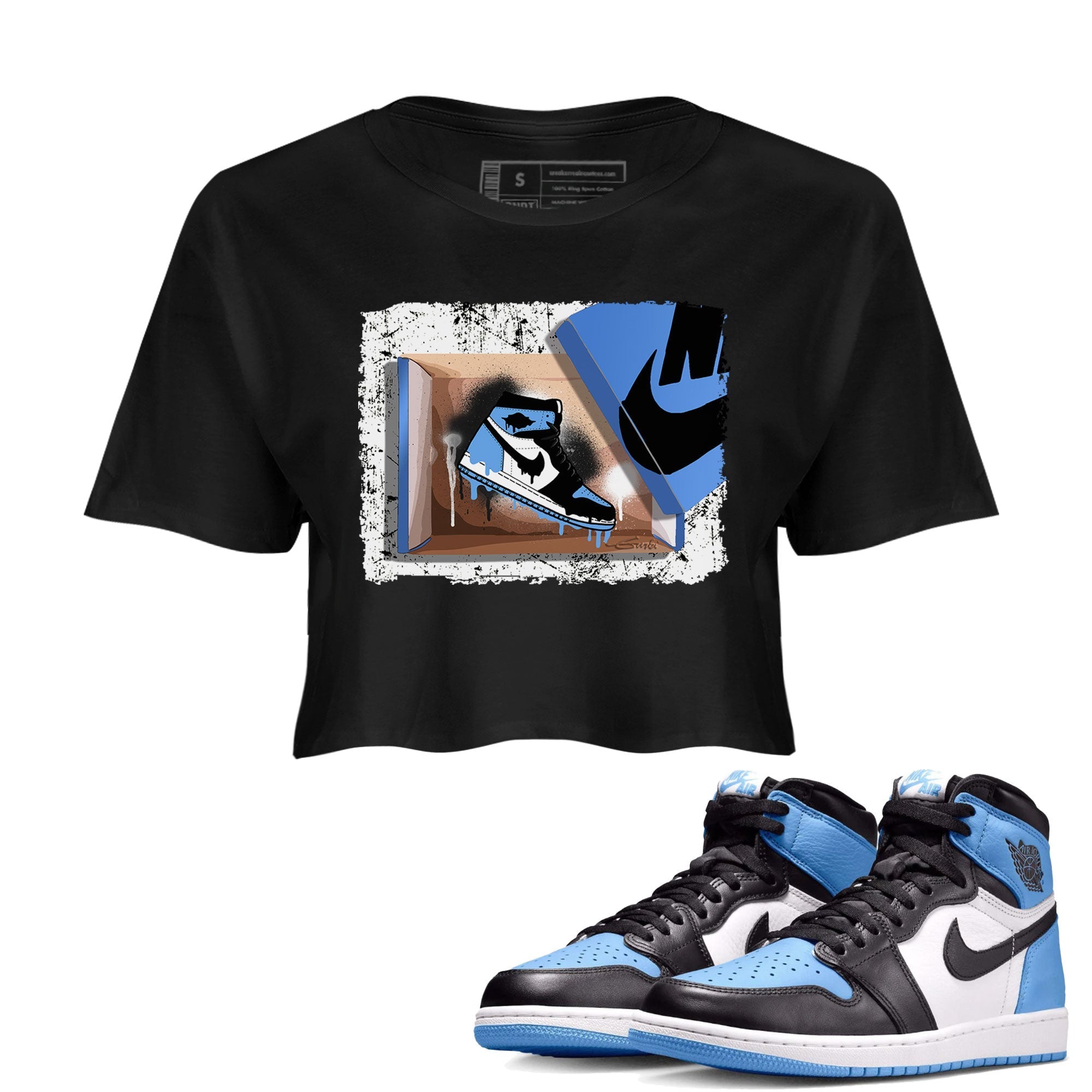 Air Jordan 1 Retro High OG UNC Toe shirt to match jordans New Kicks Streetwear Sneaker Shirt UNC Toe 1s Drip Gear Zone Sneaker Matching Clothing Black 1 Crop T-Shirt