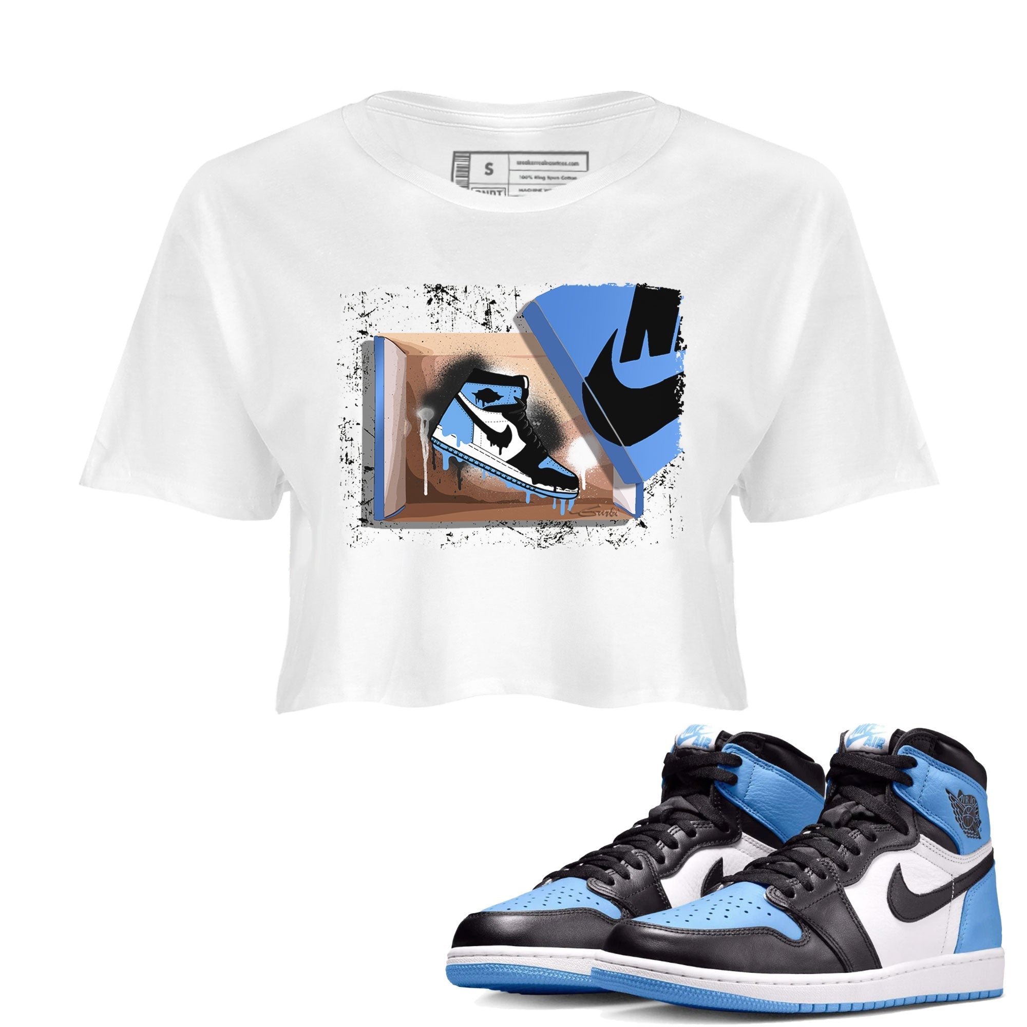 Air Jordan 1 Retro High OG UNC Toe shirt to match jordans New Kicks Streetwear Sneaker Shirt UNC Toe 1s Drip Gear Zone Sneaker Matching Clothing White 1 Crop T-Shirt
