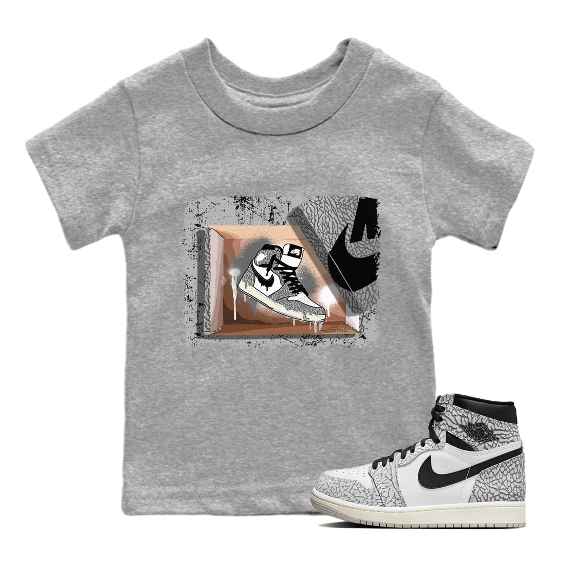 Jordan 1 White Cement Sneaker Matching T-Shirt New Kicks Sneaker Tees Jordan 1 White Cement Sneaker Release Tees Kids Shirts