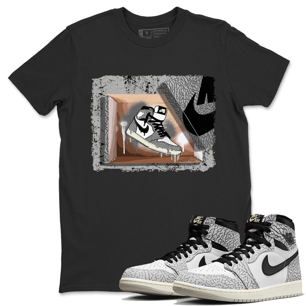 Jordan 1 White Cement Sneaker Matching T-Shirt New Kicks Sneaker Tees Jordan 1 White Cement Sneaker Release Tees Crew Neck Tees