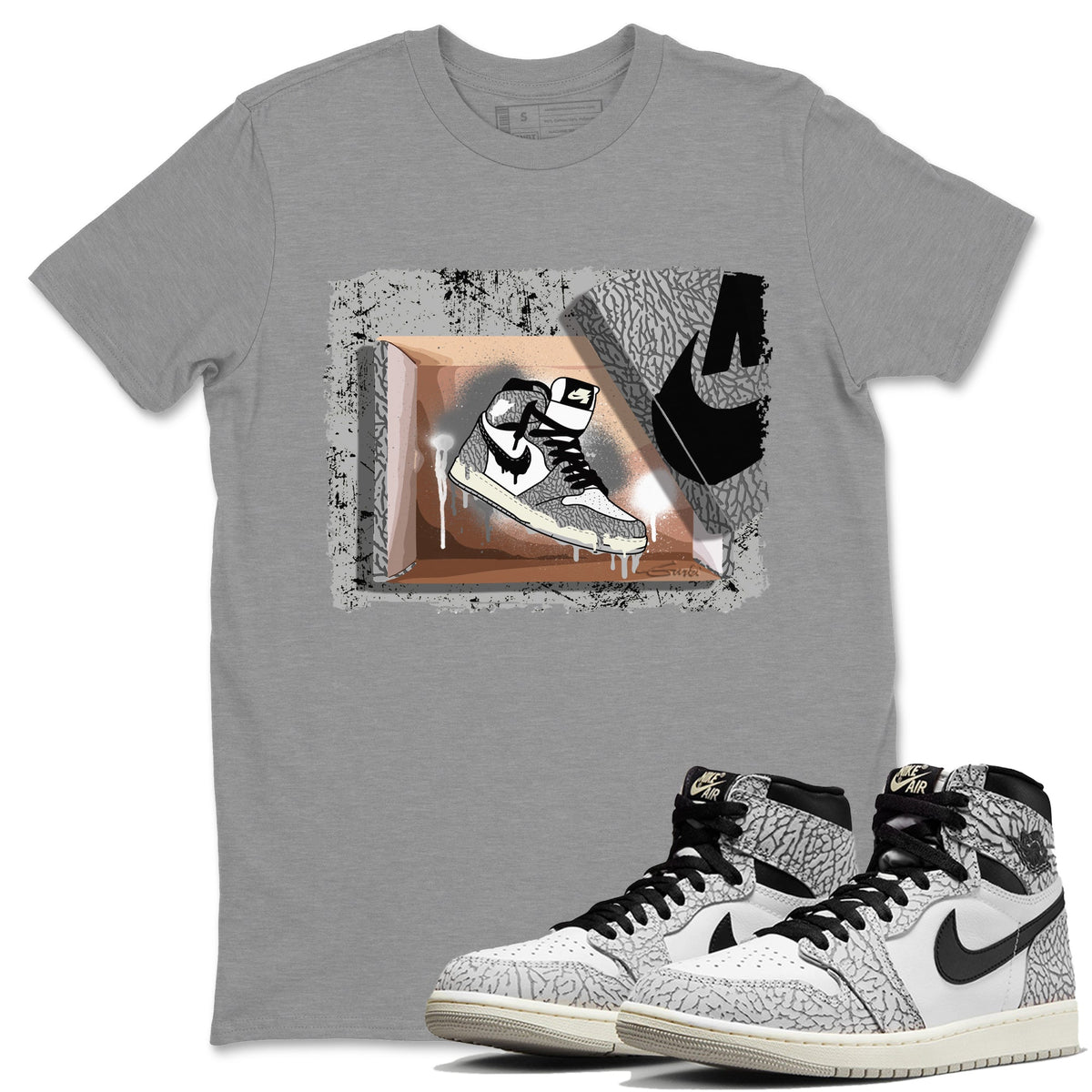 Jordan 1 White Cement Sneaker Matching T-Shirt New Kicks Sneaker Tees Jordan 1 White Cement Sneaker Release Tees Crew Neck Tees