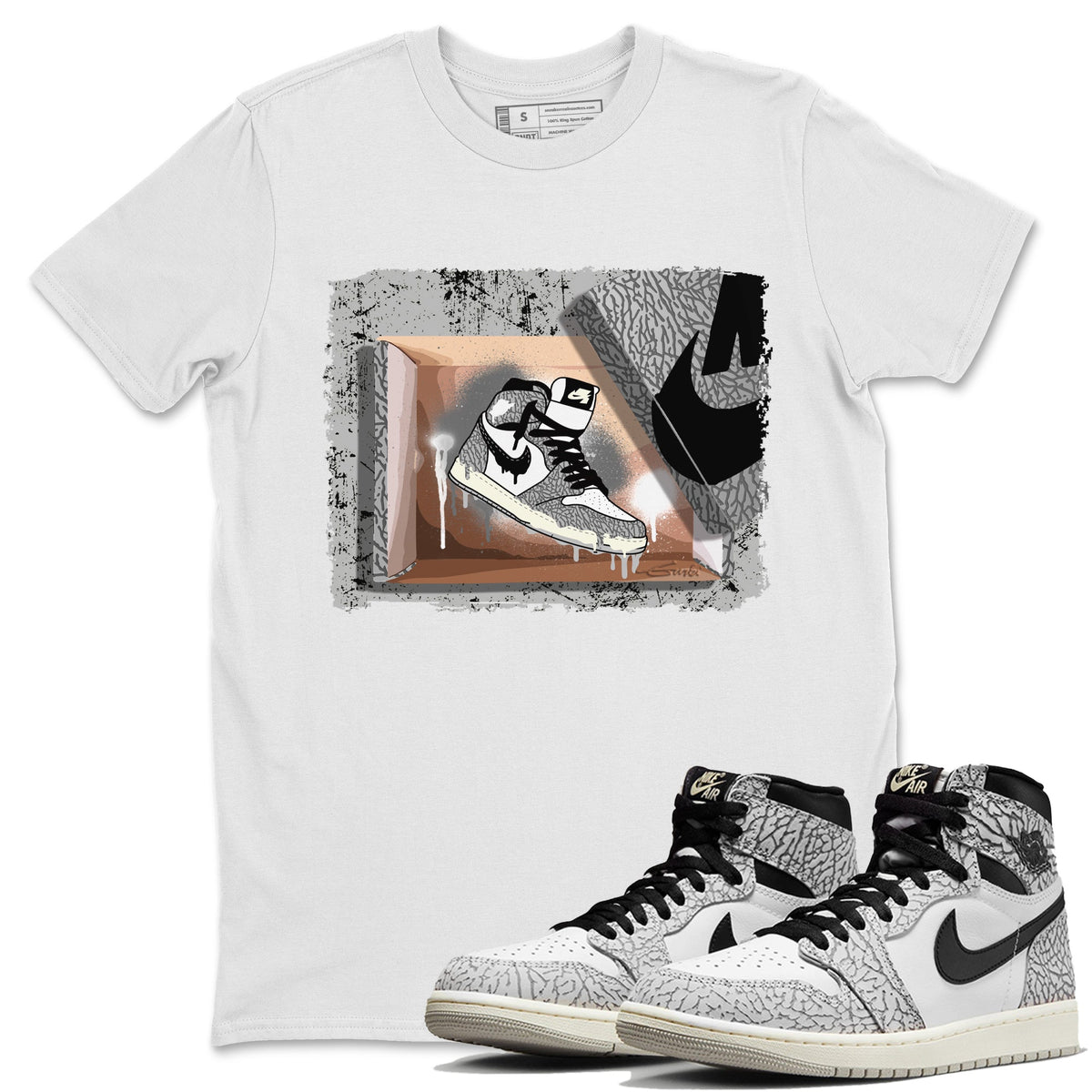 Jordan 1 White Cement Sneaker Matching T-Shirt New Kicks Sneaker Tees Jordan 1 White Cement Sneaker Release Tees Crew Neck Tees