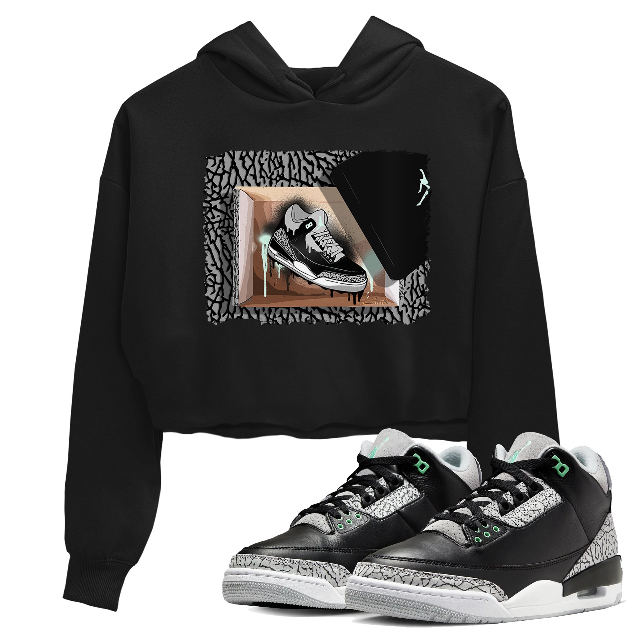 3s Green Glow shirt to match jordans New Kicks sneaker tees Air Jordan 3 Retro Green Glow Drip Gear Zone Black 1 crop length shirt