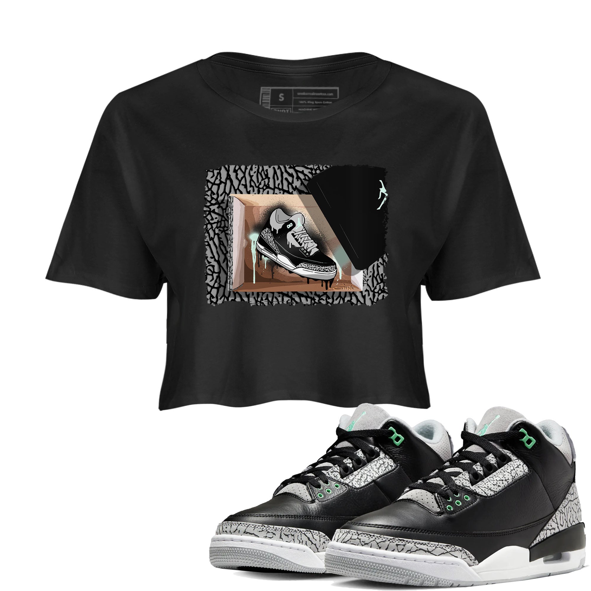 3s Green Glow shirt to match jordans New Kicks sneaker tees Air Jordan 3 Retro Green Glow Drip Gear Zone Black 1 crop length shirt