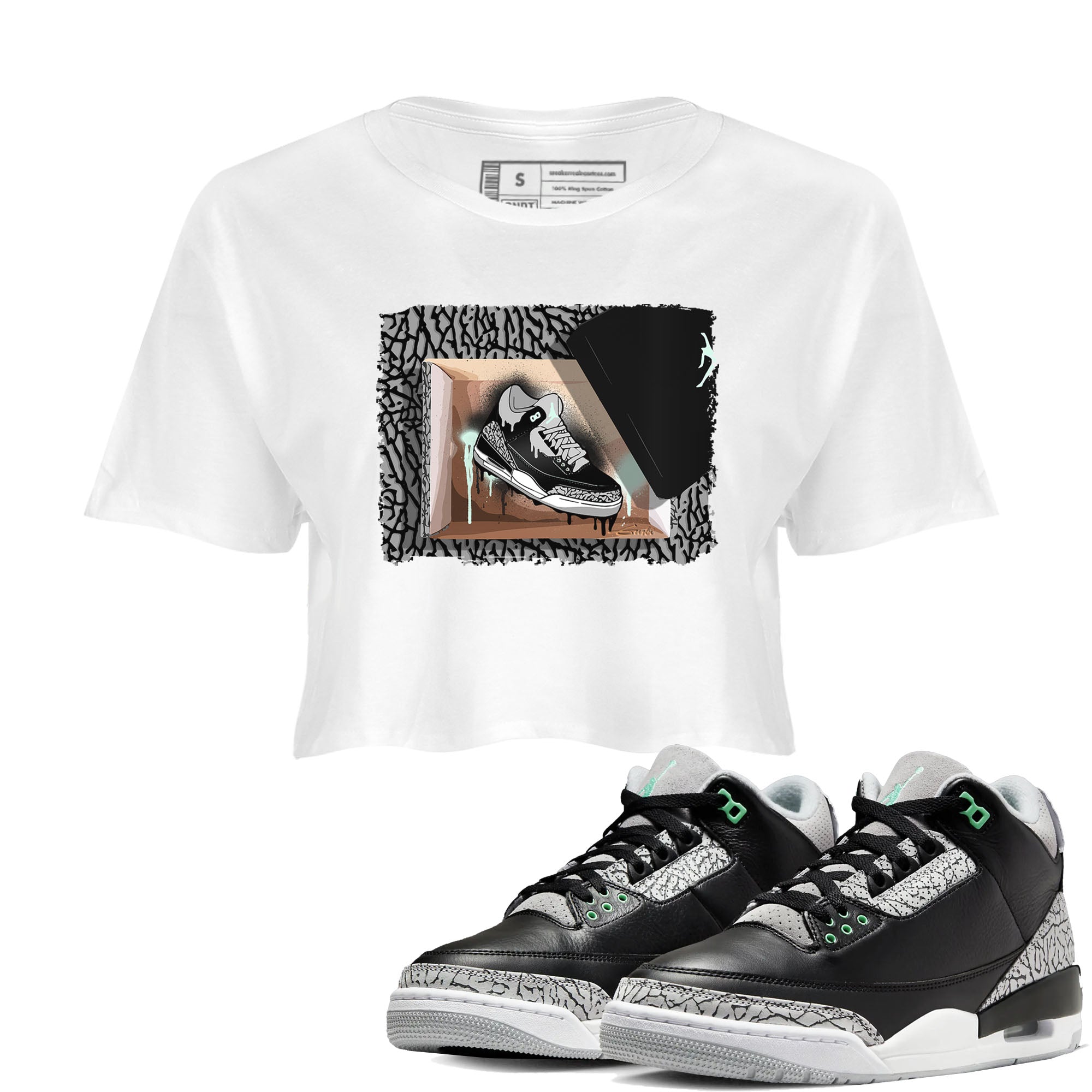 3s Green Glow shirt to match jordans New Kicks sneaker tees Air Jordan 3 Retro Green Glow Drip Gear Zone White 1 crop length shirt