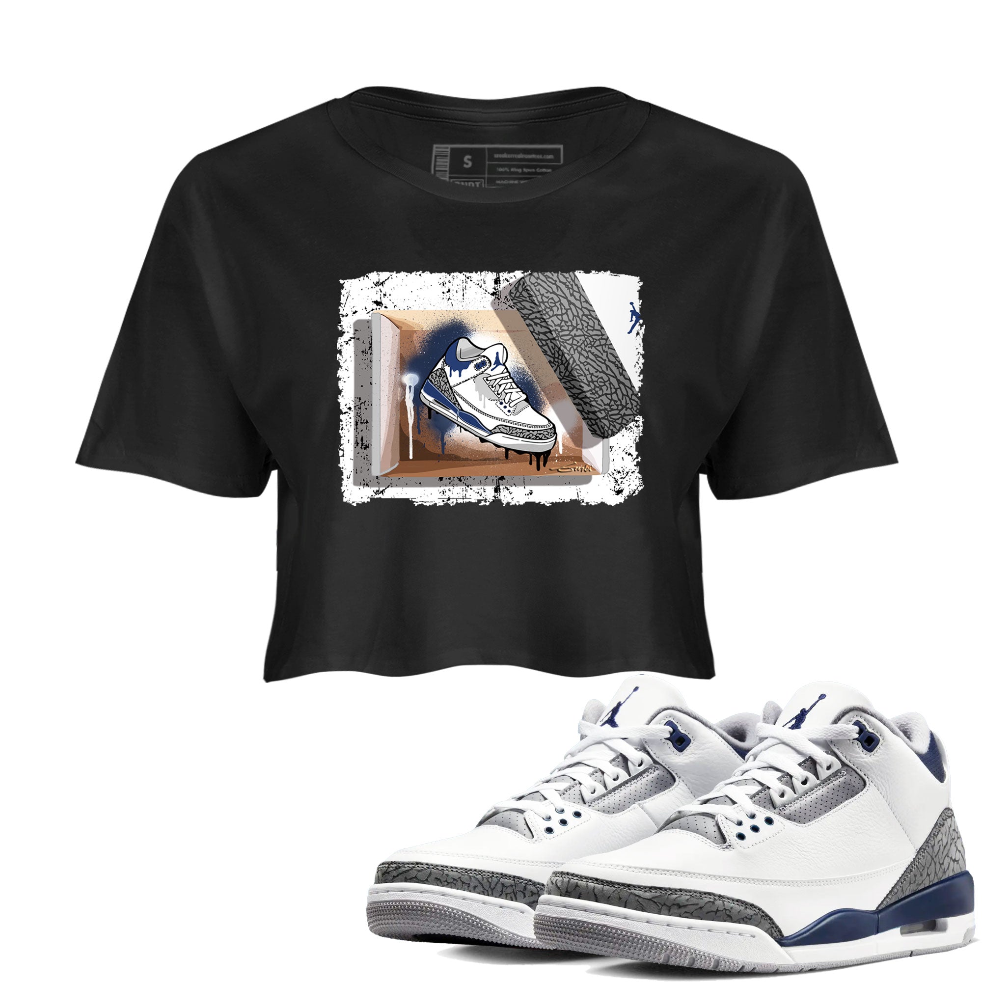 AJ3 Midnight Navy shirt to match jordans New Kicks sneaker match t-shirt 3s Midnight Navy Drip Gear Zone Black 1 crop length shirt