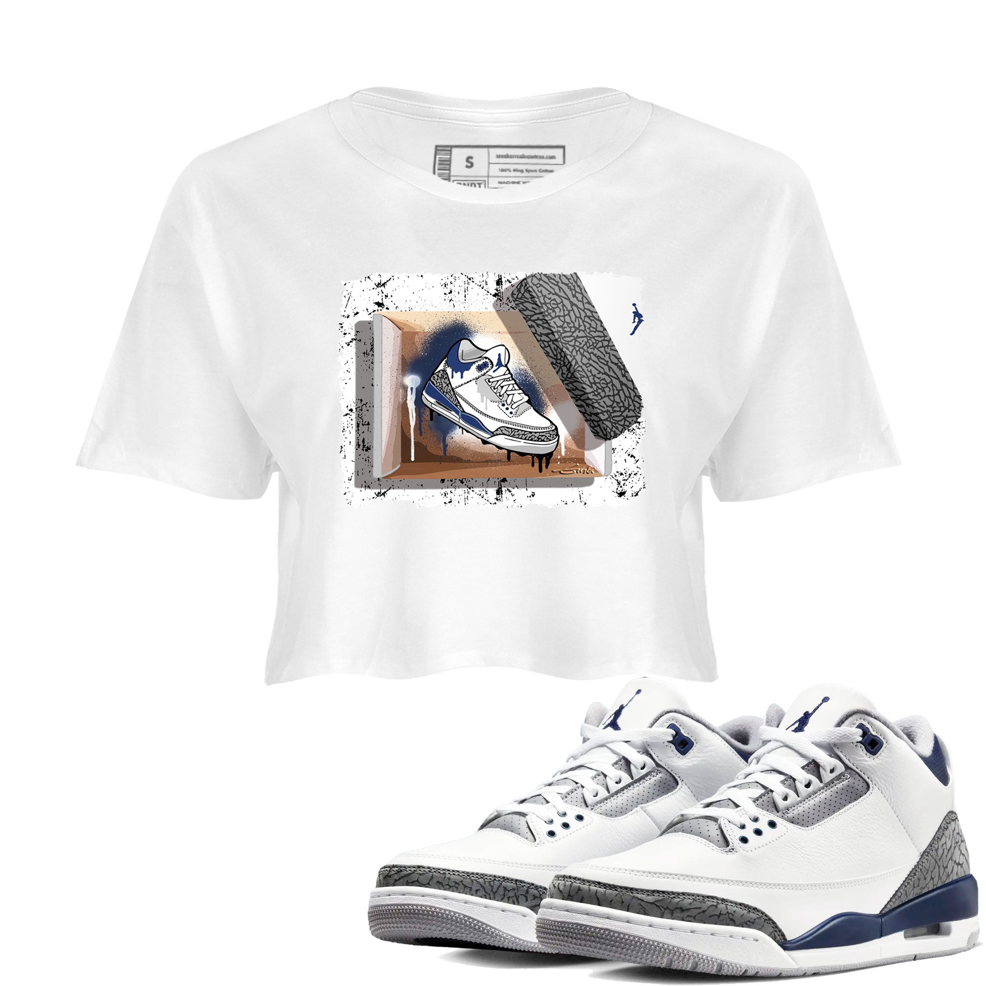 AJ3 Midnight Navy shirt to match jordans New Kicks sneaker match t-shirt 3s Midnight Navy Drip Gear Zone White 1 crop length shirt
