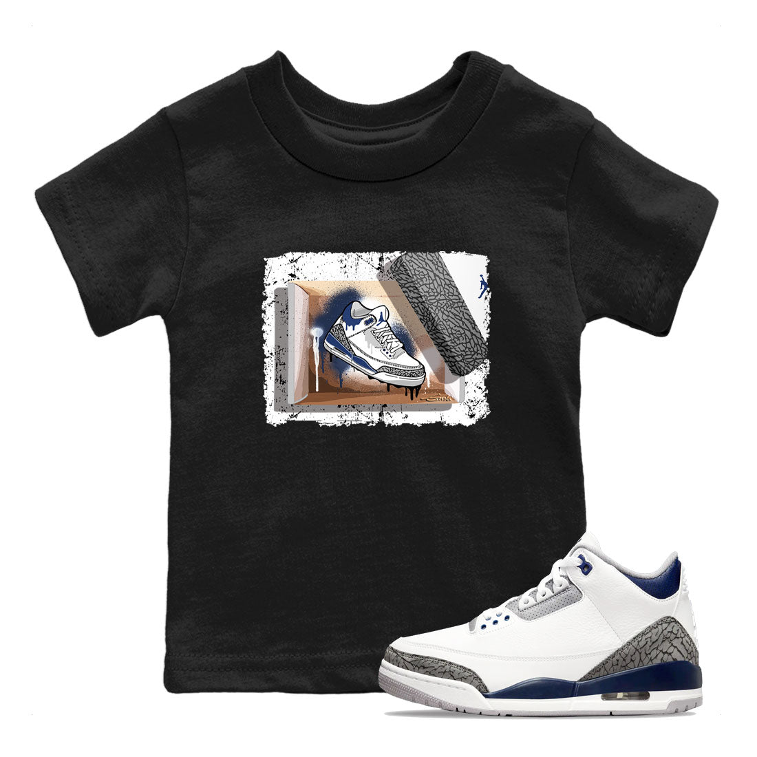 AJ3 Midnight Navy shirt to match jordans New Kicks sneaker match t-shirt 3s Midnight Navy Drip Gear Zone baby toddler Black 1 cotton sneaker tee