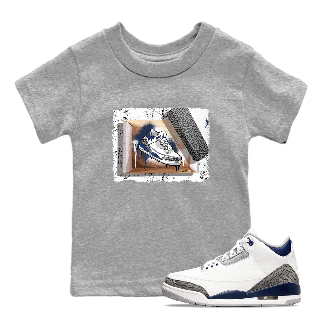 AJ3 Midnight Navy shirt to match jordans New Kicks sneaker match t-shirt 3s Midnight Navy Drip Gear Zone baby toddler Heather Grey 1 cotton sneaker tee