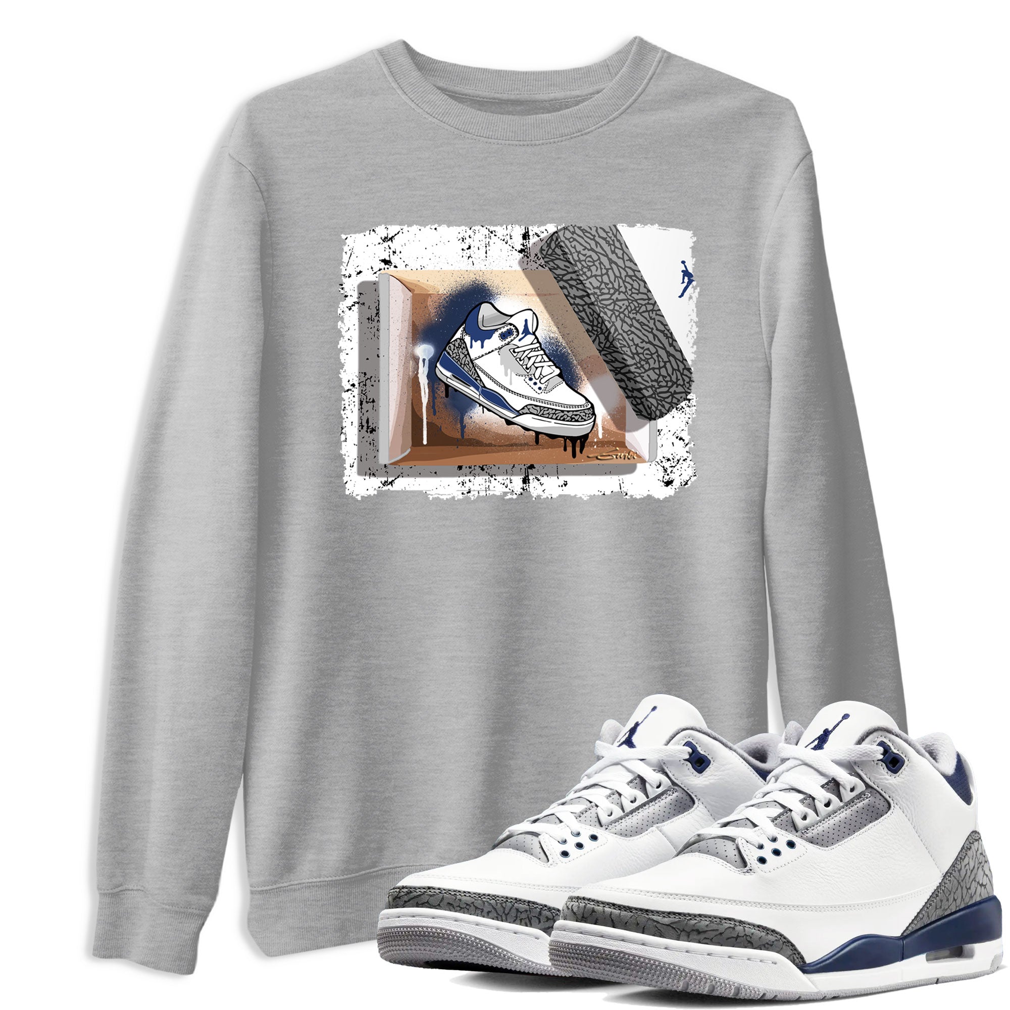 AJ3 Midnight Navy shirt to match jordans New Kicks sneaker match t-shirt 3s Midnight Navy Drip Gear Zone unisex cotton Heather Grey 1 Crew Neck T-Shirt