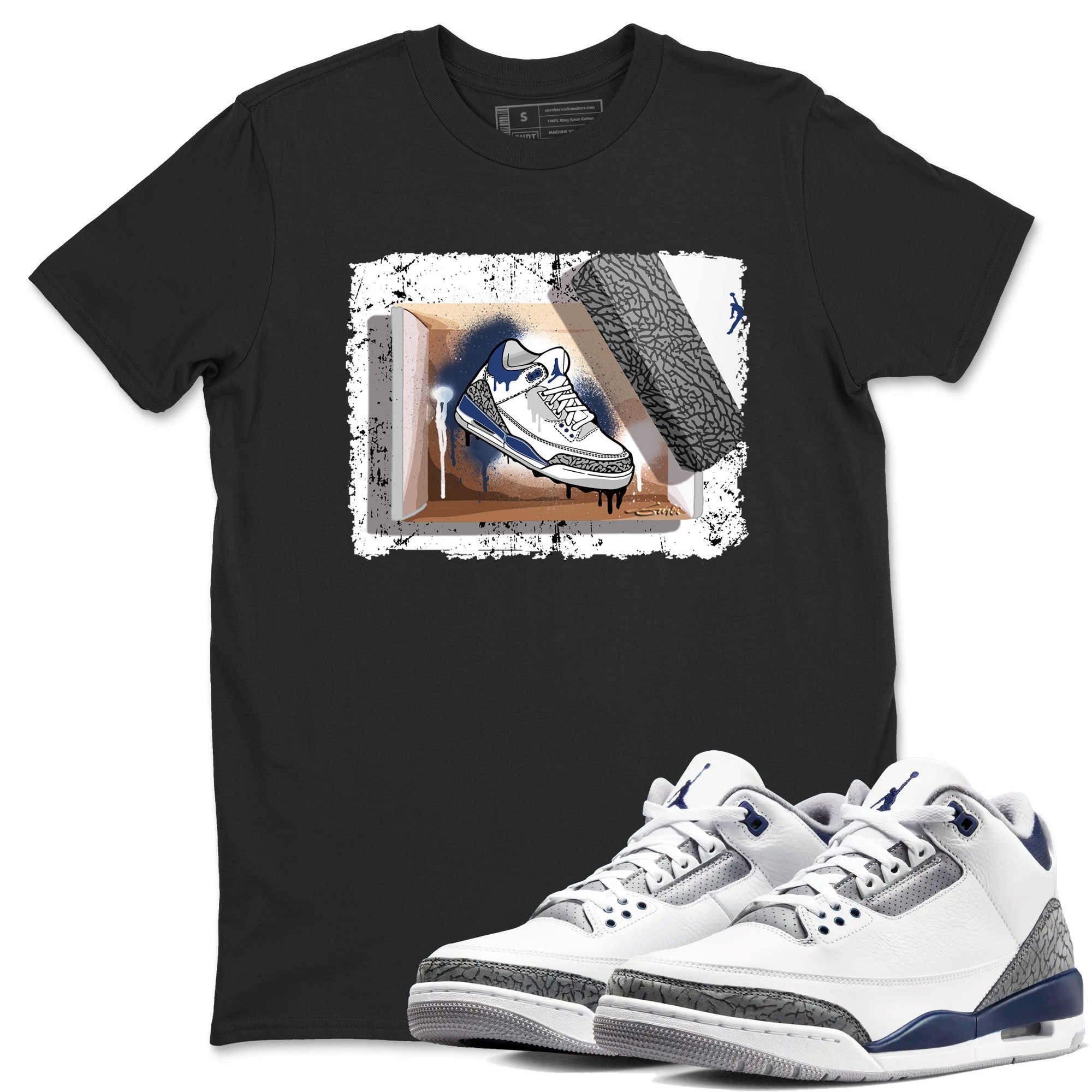 AJ3 Midnight Navy shirt to match jordans New Kicks sneaker match t-shirt 3s Midnight Navy Drip Gear Zone unisex cotton Black 1 Crew Neck T-Shirt