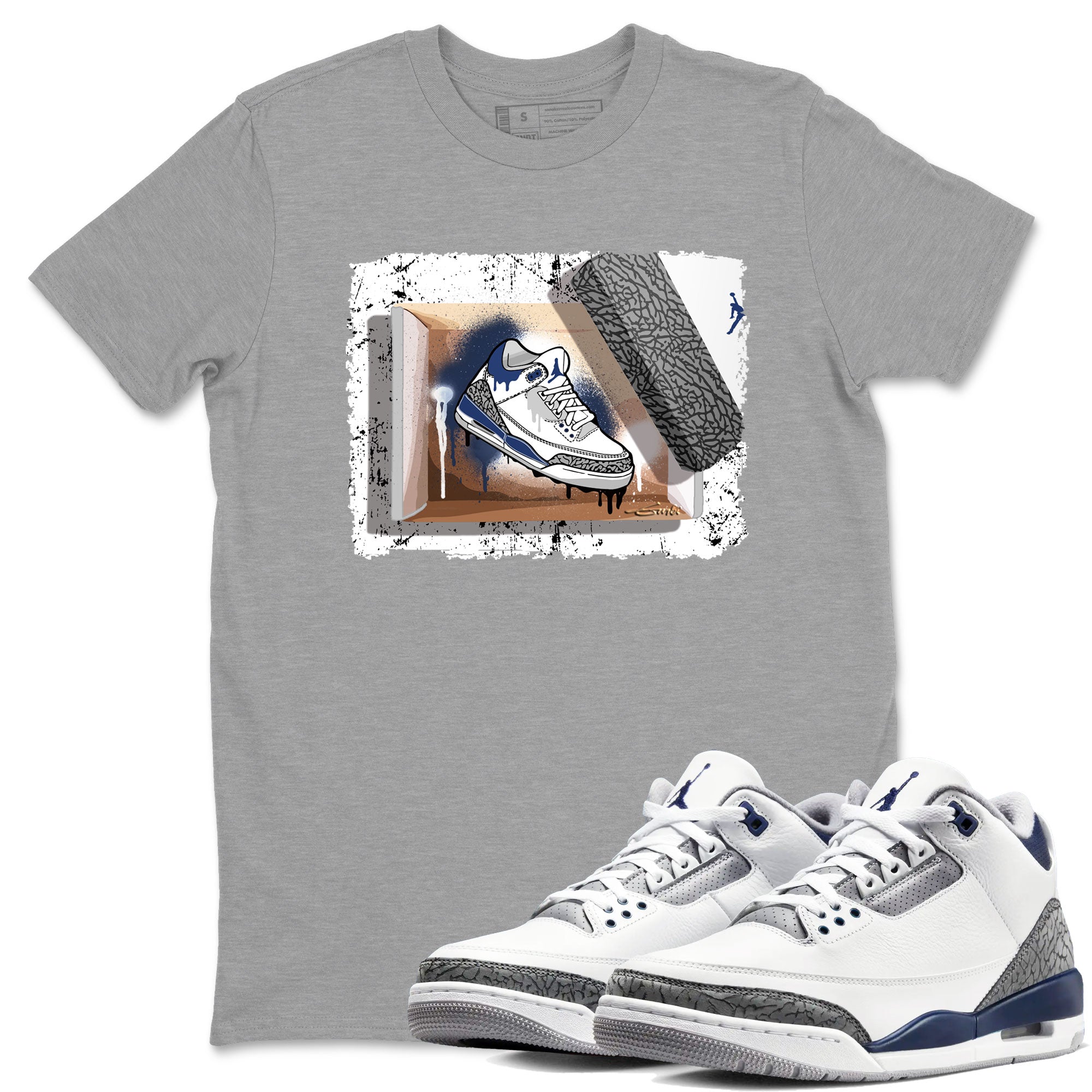AJ3 Midnight Navy shirt to match jordans New Kicks sneaker match t-shirt 3s Midnight Navy Drip Gear Zone unisex cotton Heather Grey 1 Crew Neck T-Shirt