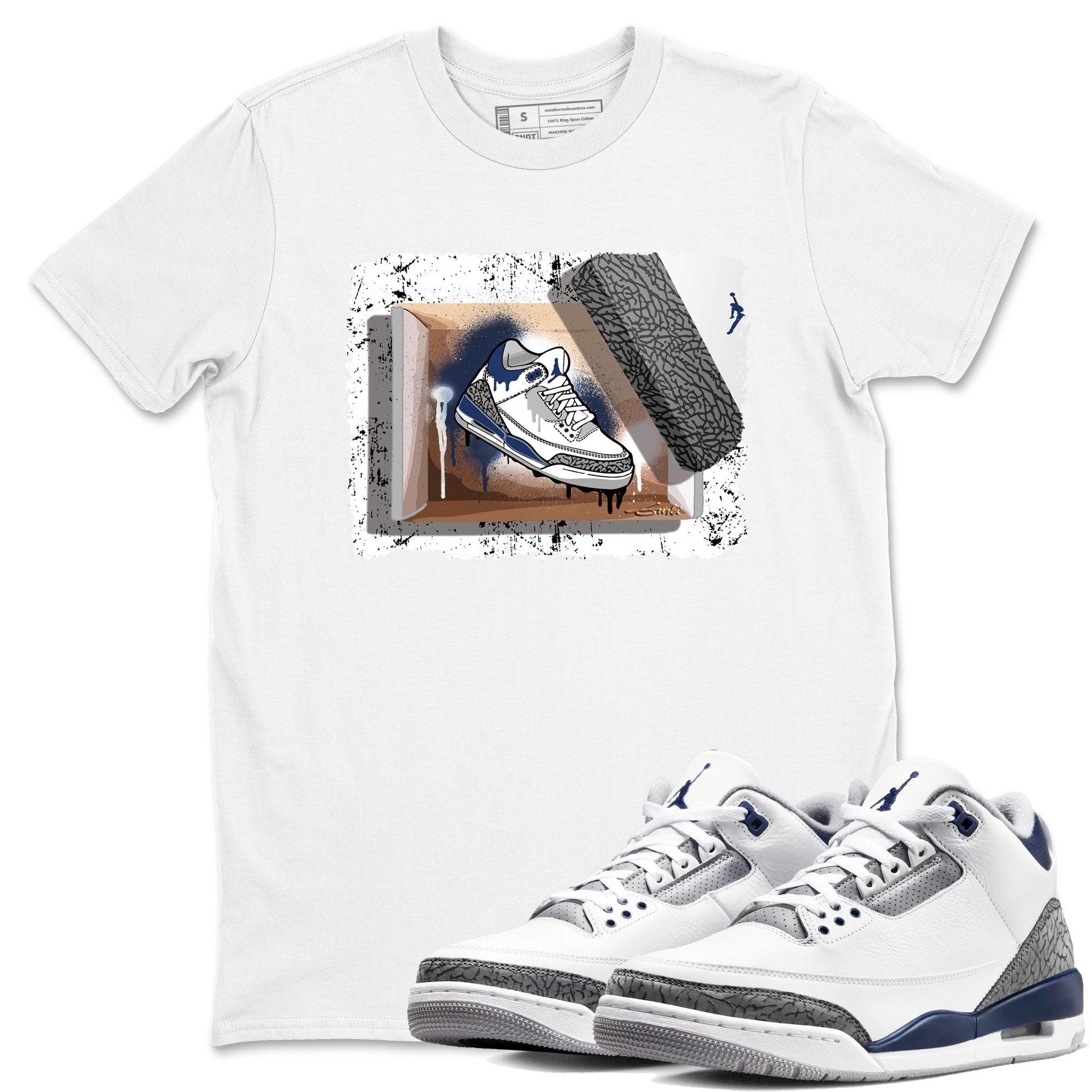 AJ3 Midnight Navy shirt to match jordans New Kicks sneaker match t-shirt 3s Midnight Navy Drip Gear Zone unisex cotton White 1 Crew Neck T-Shirt