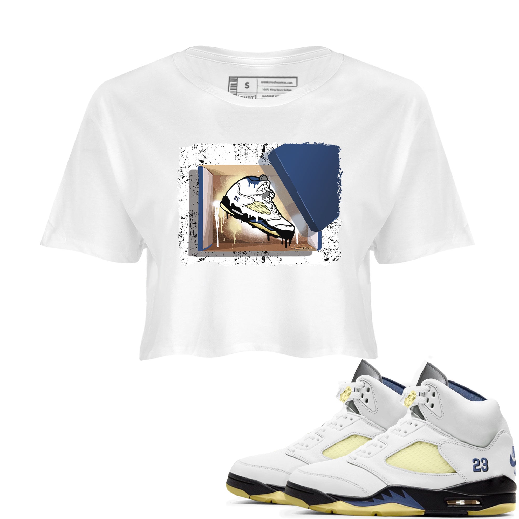 Air Jordan 5 A Ma Maniere x Dawn shirt to match jordans New Kicks sneaker tees Air Jordan 5 A Ma Maniere x Photon Dust Drip Gear Zone Streetwear Brand Sneaker Matching Shirt White 1 Crop T-Shirt