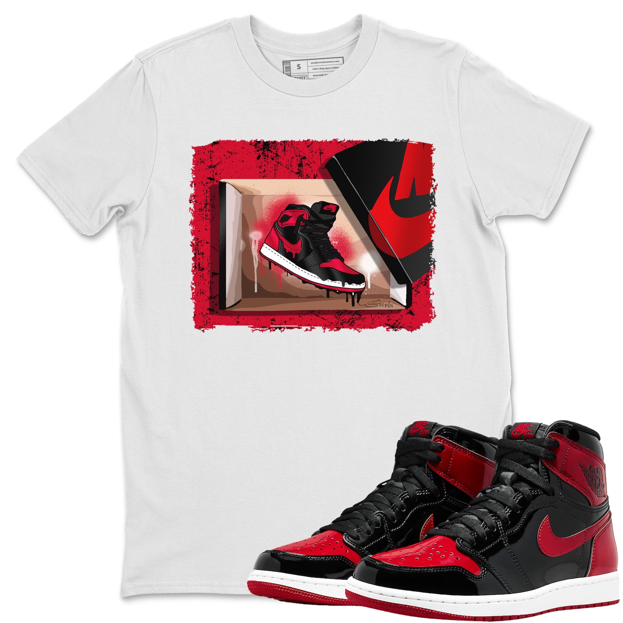 Jordan 1 Bred Patent Sneaker Matching T-Shirt New Kicks Sneaker Tees Jordan 1 Bred Patent Sneaker Release Tees Crew Neck Tees