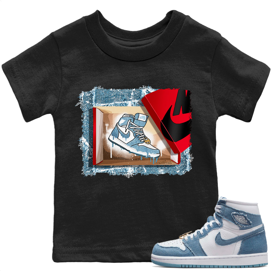 Jordan 1 Denim Sneaker Matching T-Shirt New Kicks Sneaker Tees Jordan 1 Denim Sneaker Release Tees Kids Shirts