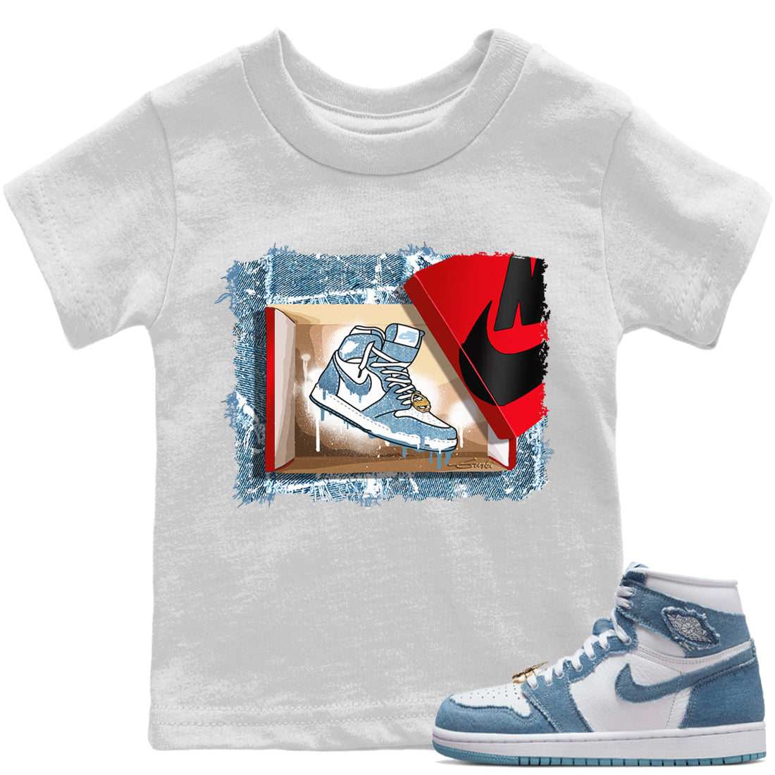 Jordan 1 Denim Sneaker Matching T-Shirt New Kicks Sneaker Tees Jordan 1 Denim Sneaker Release Tees Kids Shirts