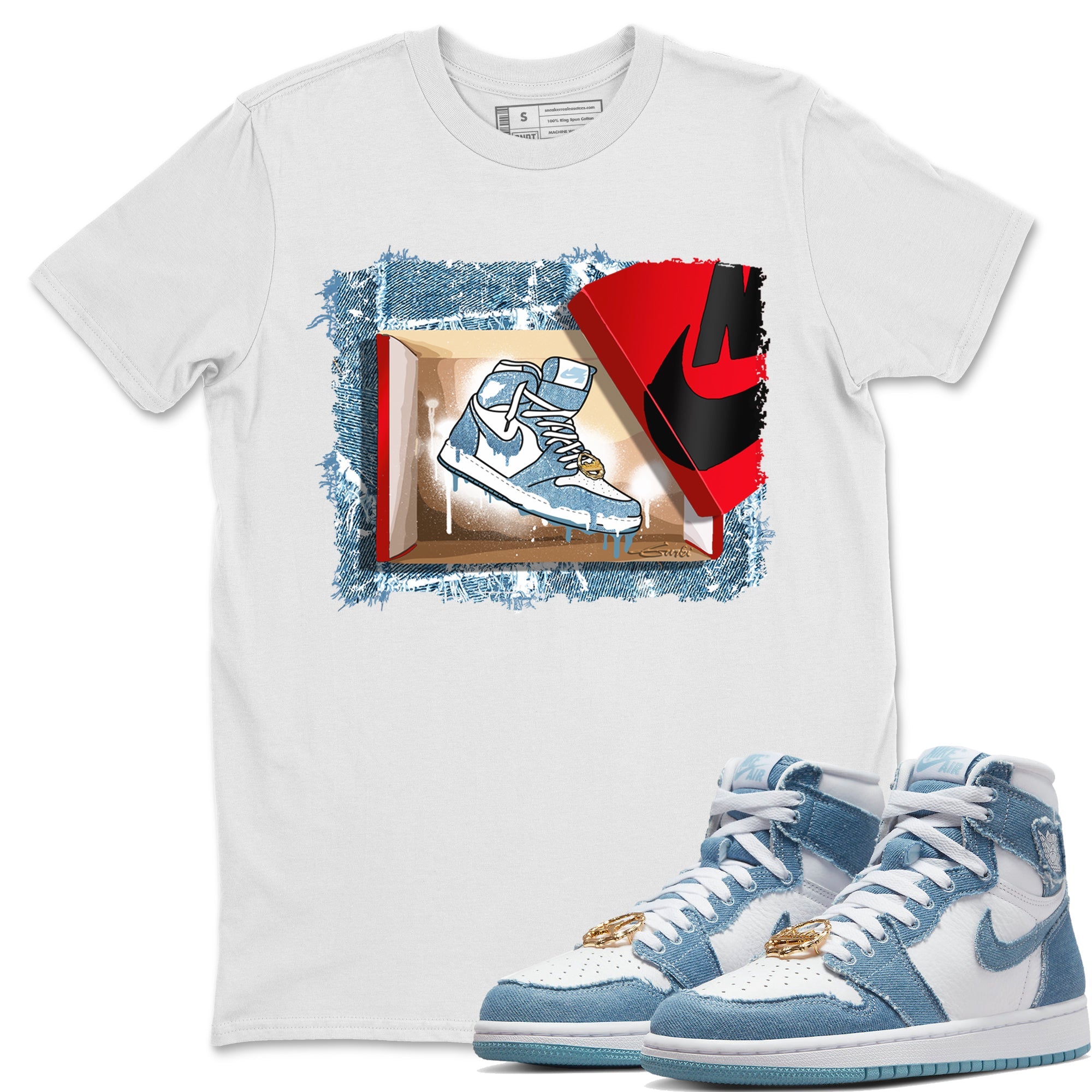 Jordan 1 Denim Sneaker Matching T-Shirt New Kicks Sneaker Tees Jordan 1 Denim Sneaker Release Tees Crew Neck Tees